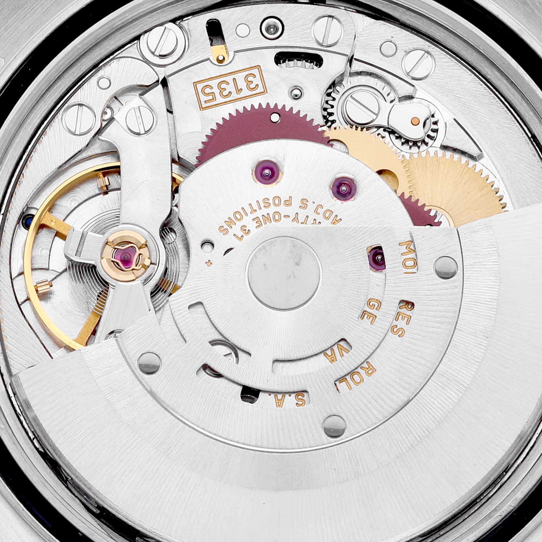 This image shows a close-up view of the internal movement mechanism of a Rolex Datejust 16234 Men's Stainless Steel White Dial 16234 Men's Stainless Steel White Dial watch.