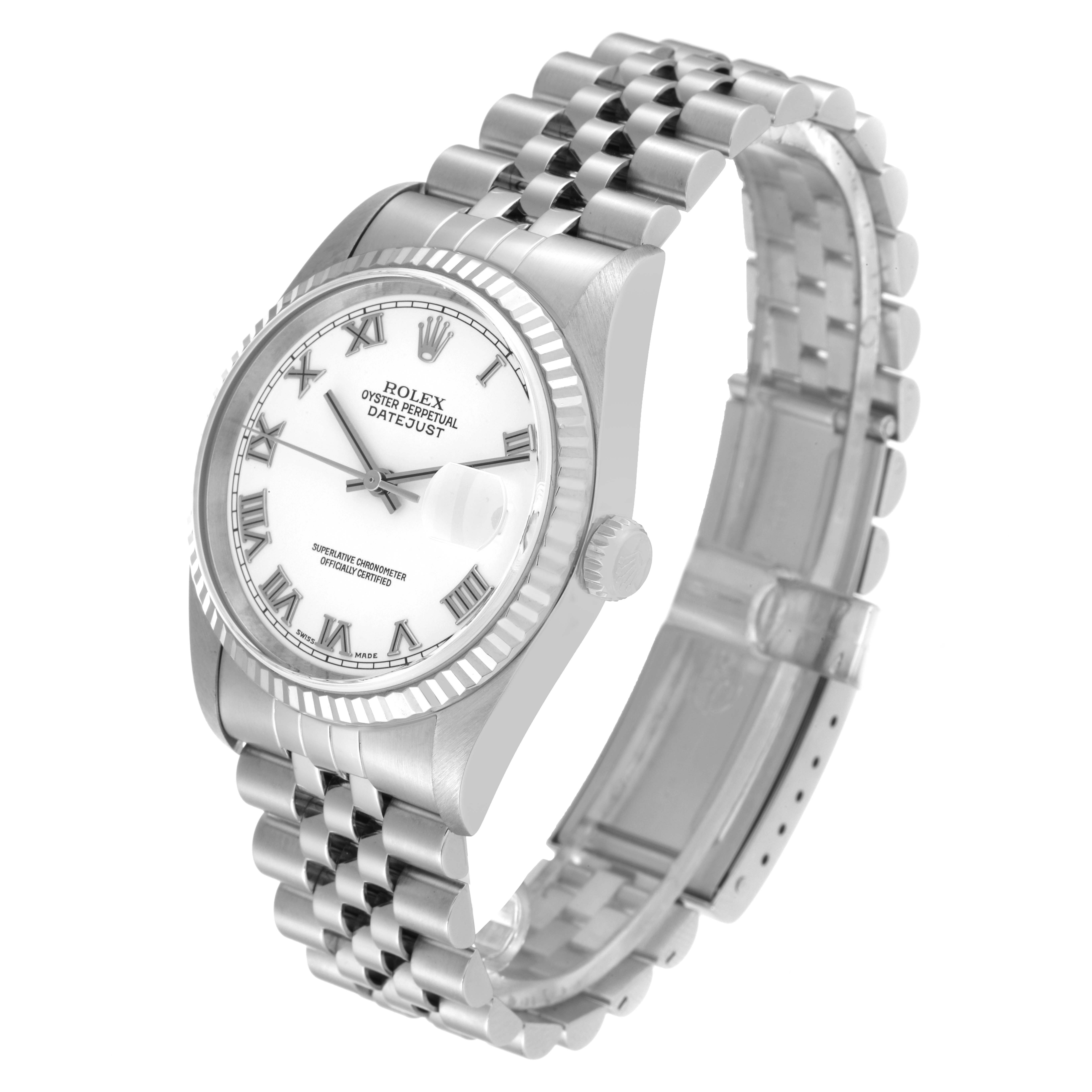 This Rolex Datejust 16234 Men's Stainless Steel White Dial 16234 Men's Stainless Steel White Dial watch is shown at an angled side view, displaying the face, bezel, crown, and bracelet.