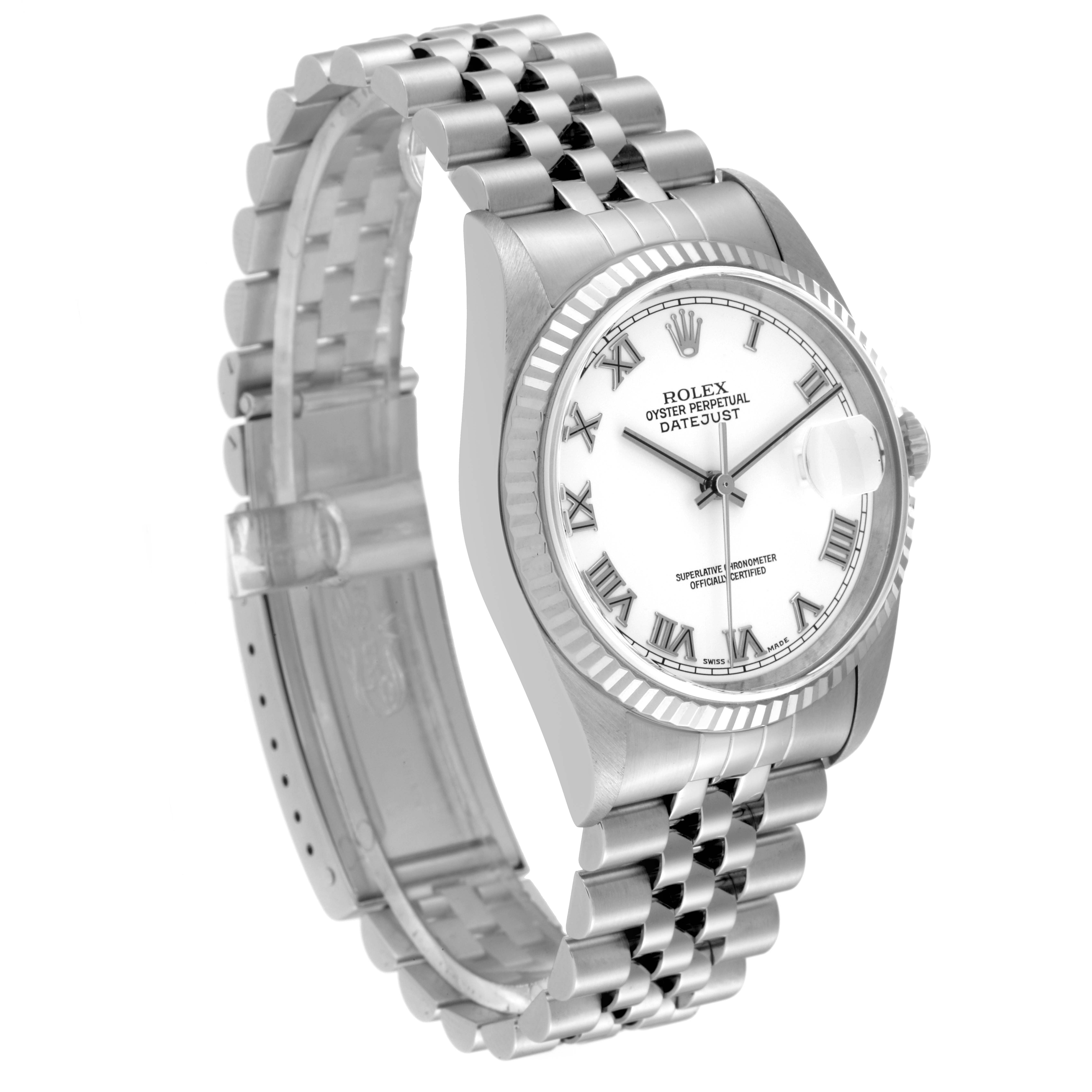 The Rolex Datejust 16234 Men's Stainless Steel White Dial 16234 Men's Stainless Steel White Dial watch is shown at a slight angle, displaying the face, bezel, and bracelet clearly.