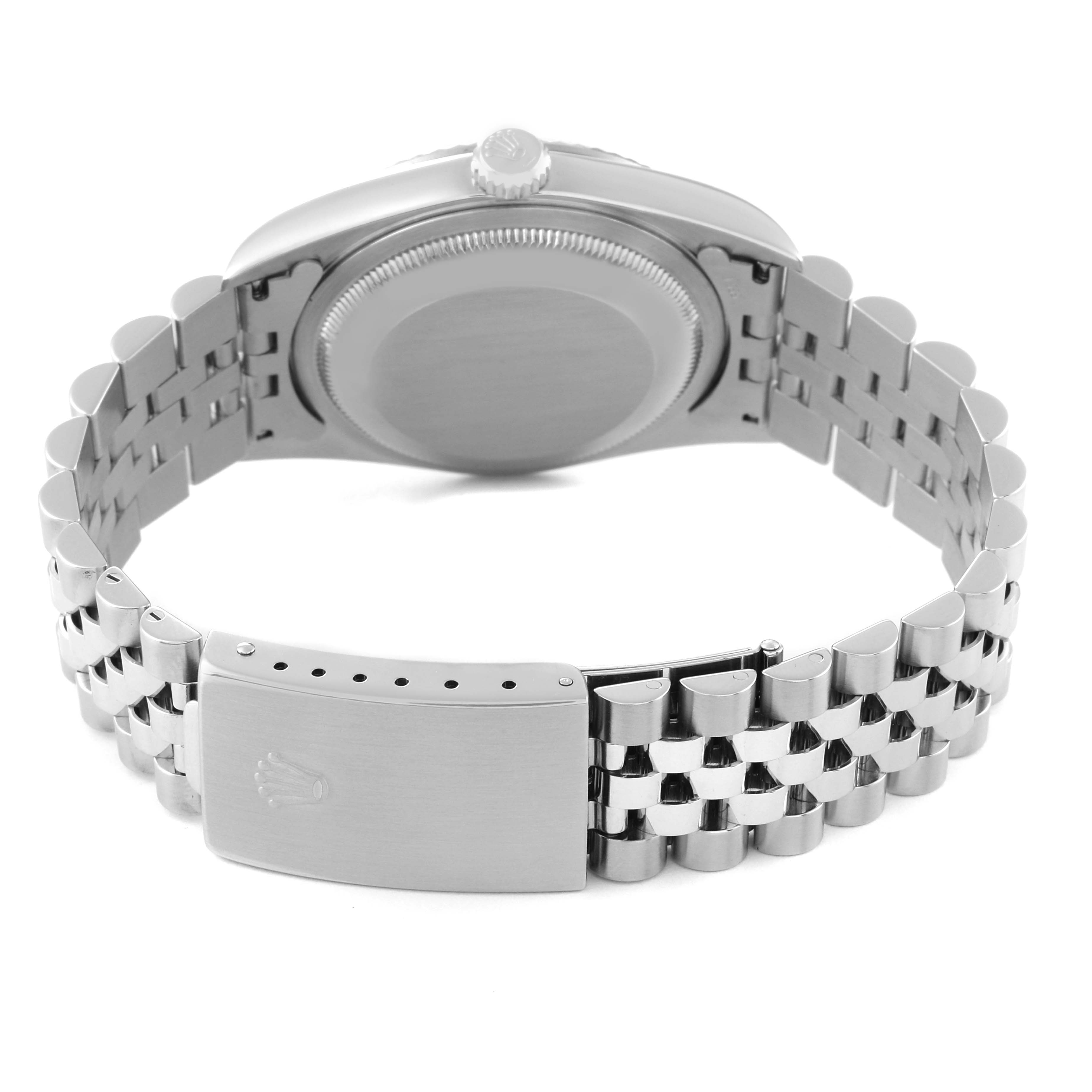 The image shows the back view of a Rolex Datejust 16234 Men's Stainless Steel White Dial 16234 Men's Stainless Steel White Dial watch, highlighting its case back and bracelet clasp.