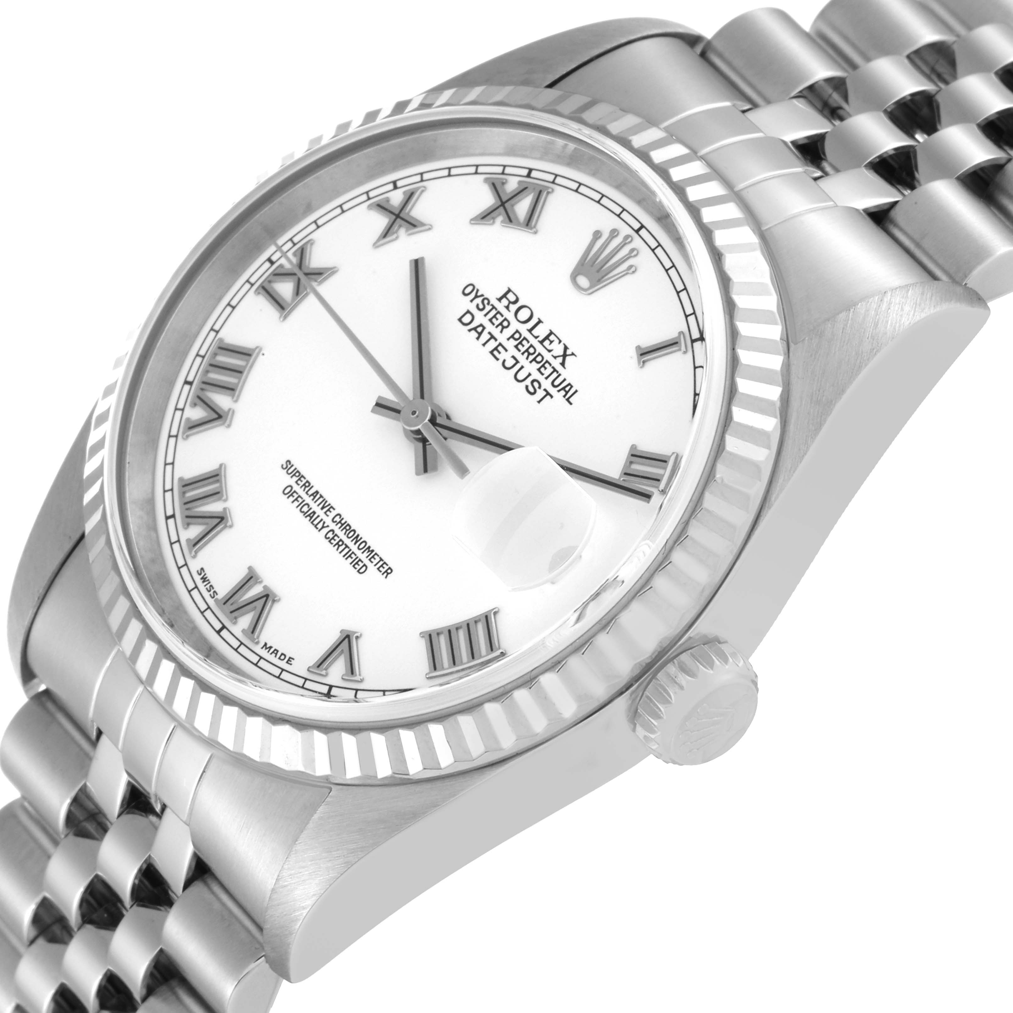 This image shows a close-up side angle of a Rolex Datejust 16234 Men's Stainless Steel White Dial 16234 Men's Stainless Steel White Dial watch, highlighting the face, bezel, crown, and part of the bracelet.