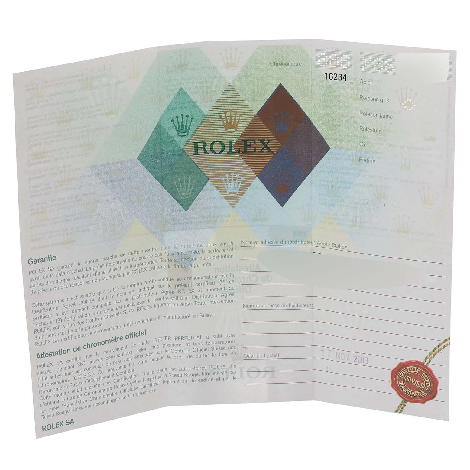 This image shows the warranty certificate for the Rolex Datejust 16234 Men's Stainless Steel White Dial 16234 Men's Stainless Steel White Dial watch.