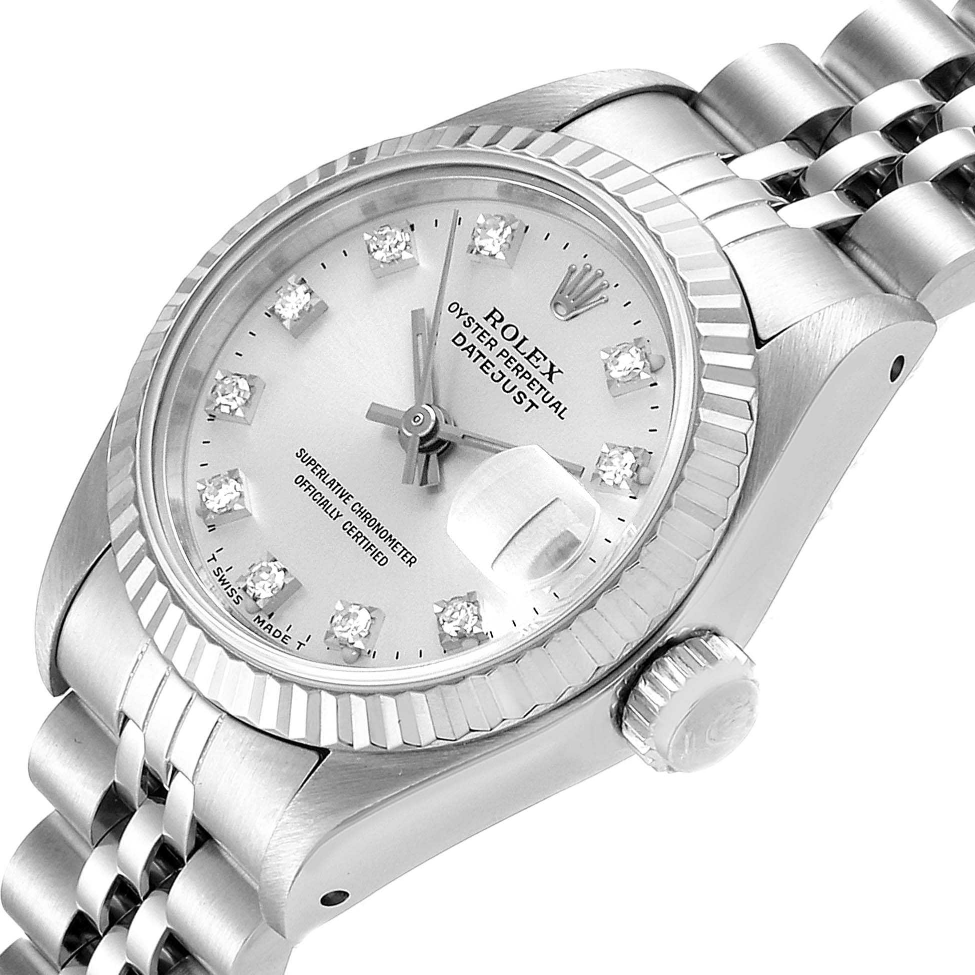 The image shows a silver Rolex Datejust 69174 Women's Stainless Steel Silver Dial 69174 Women's Stainless Steel Silver Dial watch from an angled top view, highlighting the dial, bezel, and bracelet.