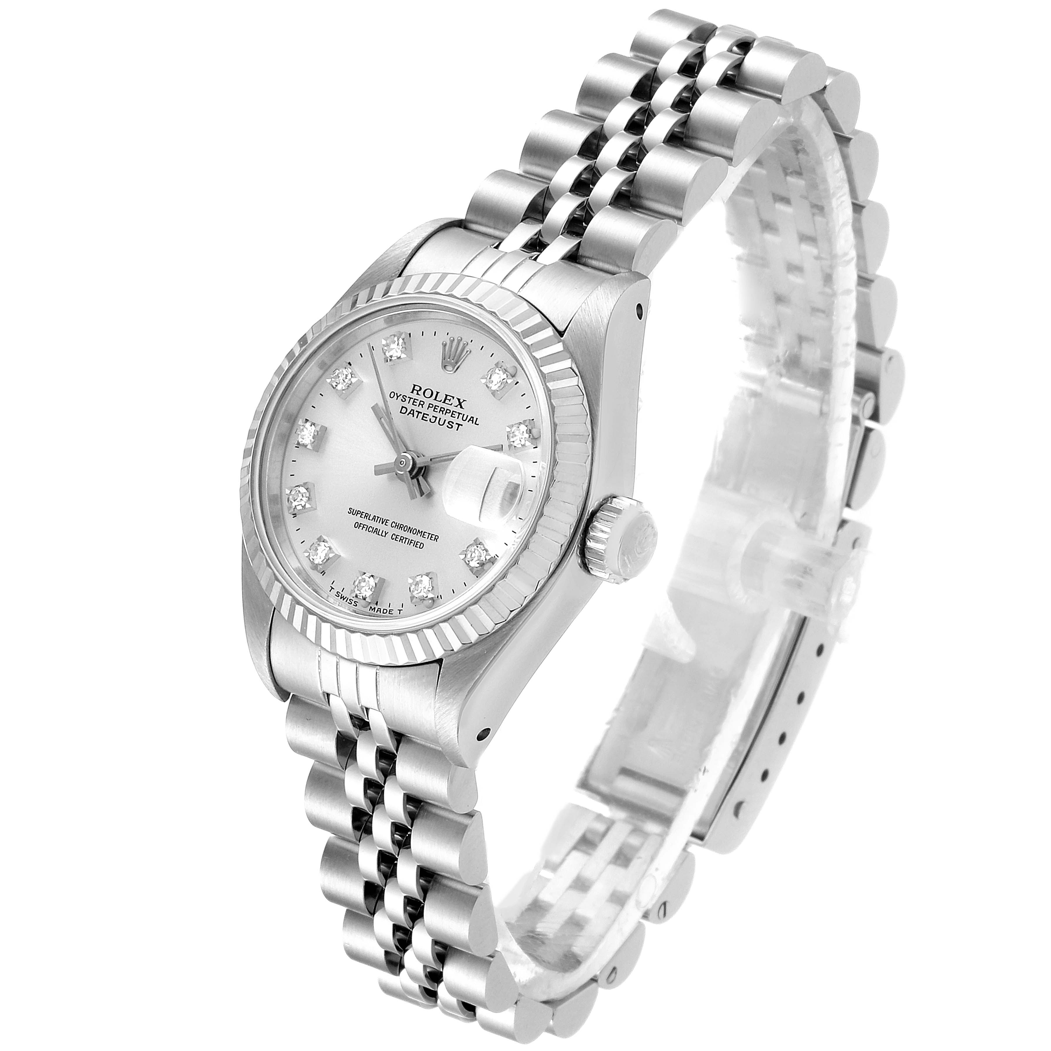 This image shows a Rolex Datejust 69174 Women's Stainless Steel Silver Dial 69174 Women's Stainless Steel Silver Dial watch angled from the front and slightly to the right, highlighting its dial, bracelet, and crown.