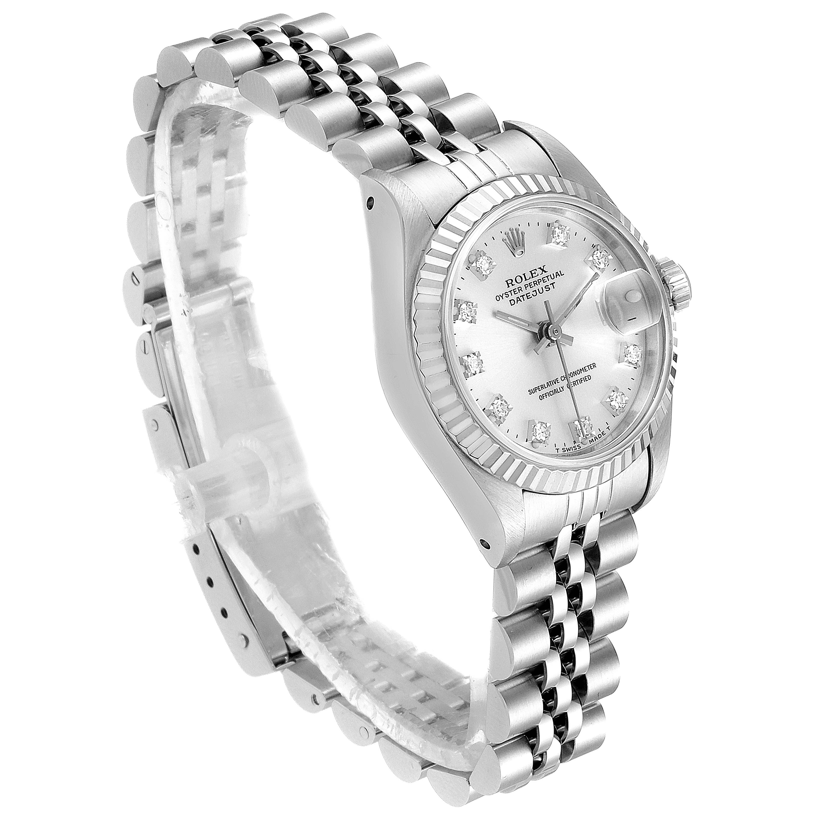 This image shows a Rolex Datejust 69174 Women's Stainless Steel Silver Dial 69174 Women's Stainless Steel Silver Dial watch at a three-quarter angle, highlighting its dial, bezel, and Jubilee bracelet.
