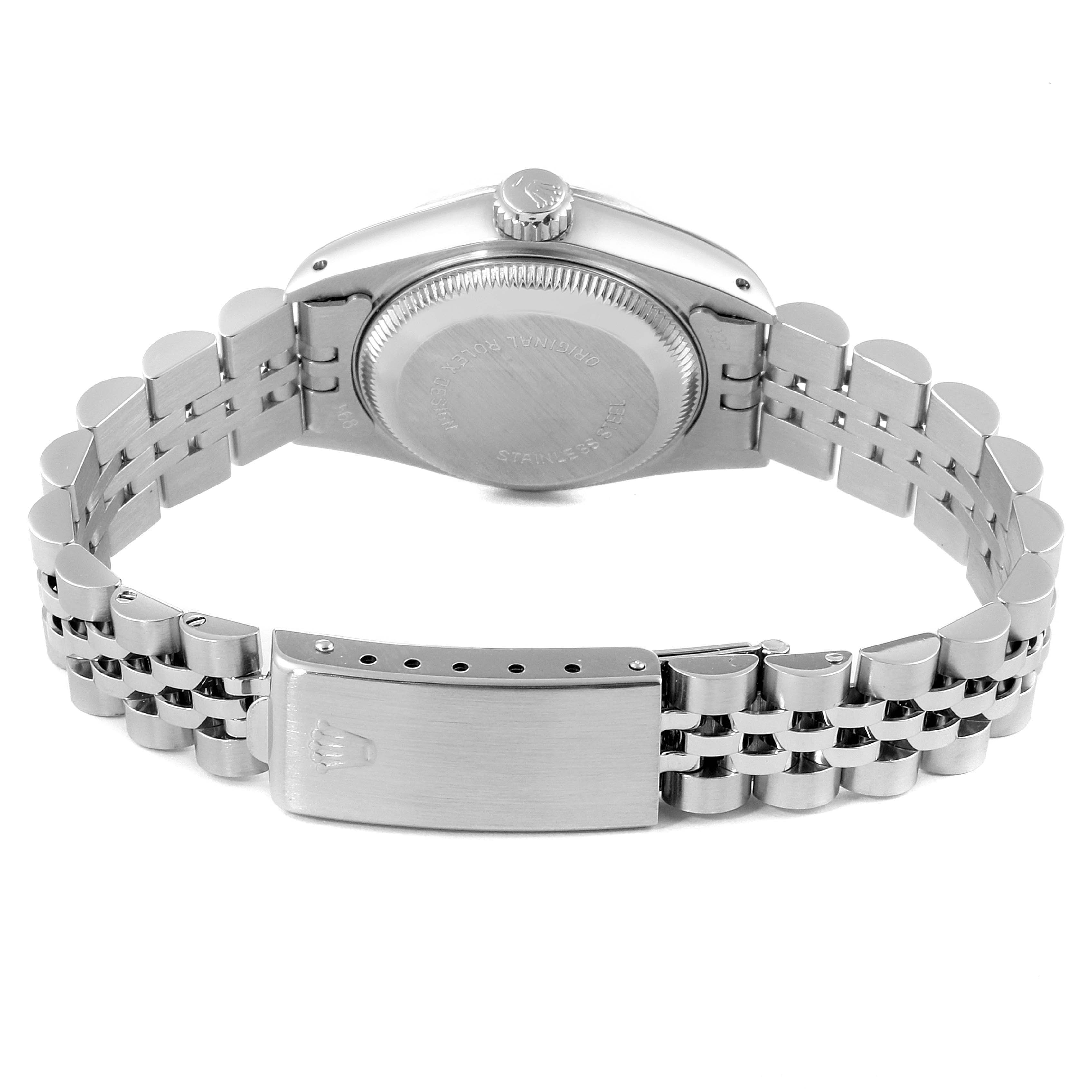 This image shows the back case and Jubilee bracelet clasp of a Rolex Datejust 69174 Women's Stainless Steel Silver Dial 69174 Women's Stainless Steel Silver Dial watch.