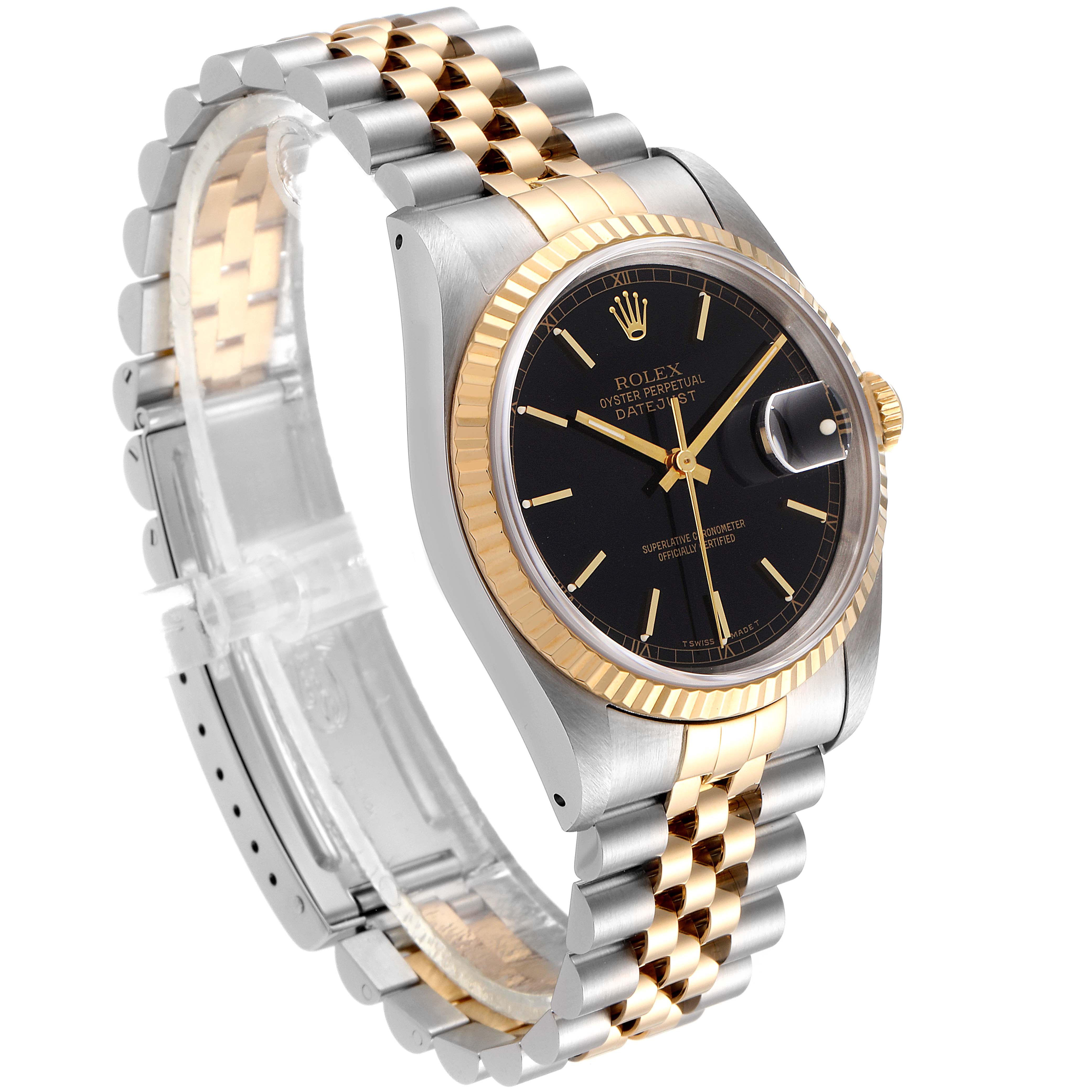 This image shows a side view of the Rolex Datejust 16233 Men's Steel and Gold (two tone) Black Dial 16233 Men's Steel and Gold (two tone) Black Dial watch, highlighting the bezel, dial, crown, and two-tone bracelet.