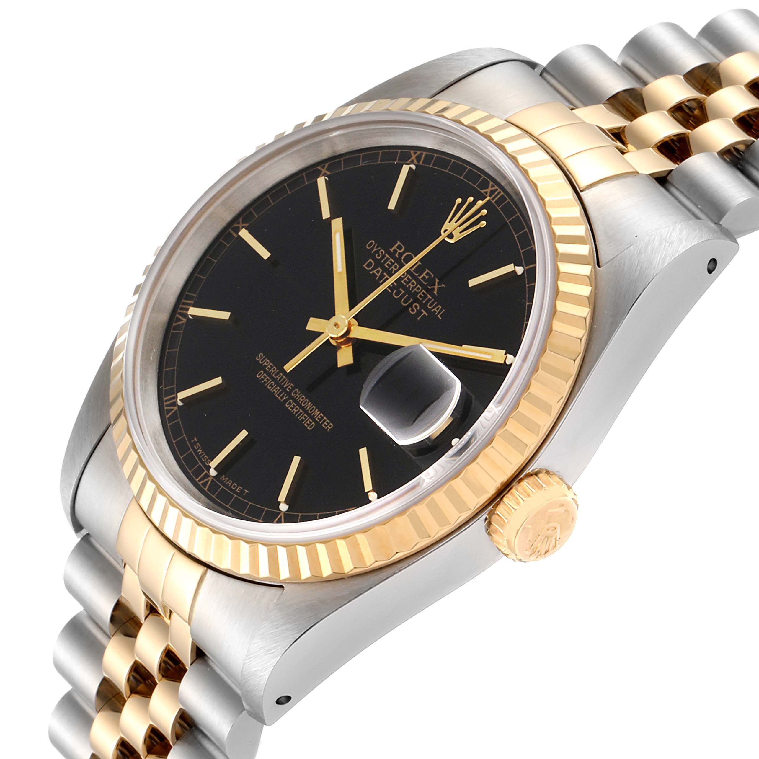 The image shows a side and top angle of the Rolex Datejust 16233 Men's Steel and Gold (two tone) Black Dial 16233 Men's Steel and Gold (two tone) Black Dial, featuring its dial, bezel, crown, and two-tone bracelet.