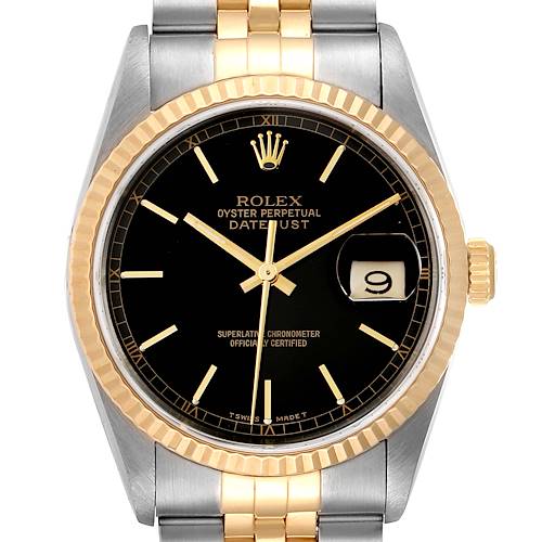 Photo of Rolex Datejust Steel Yellow Gold Black Dial Mens Watch 16233 Box Papers