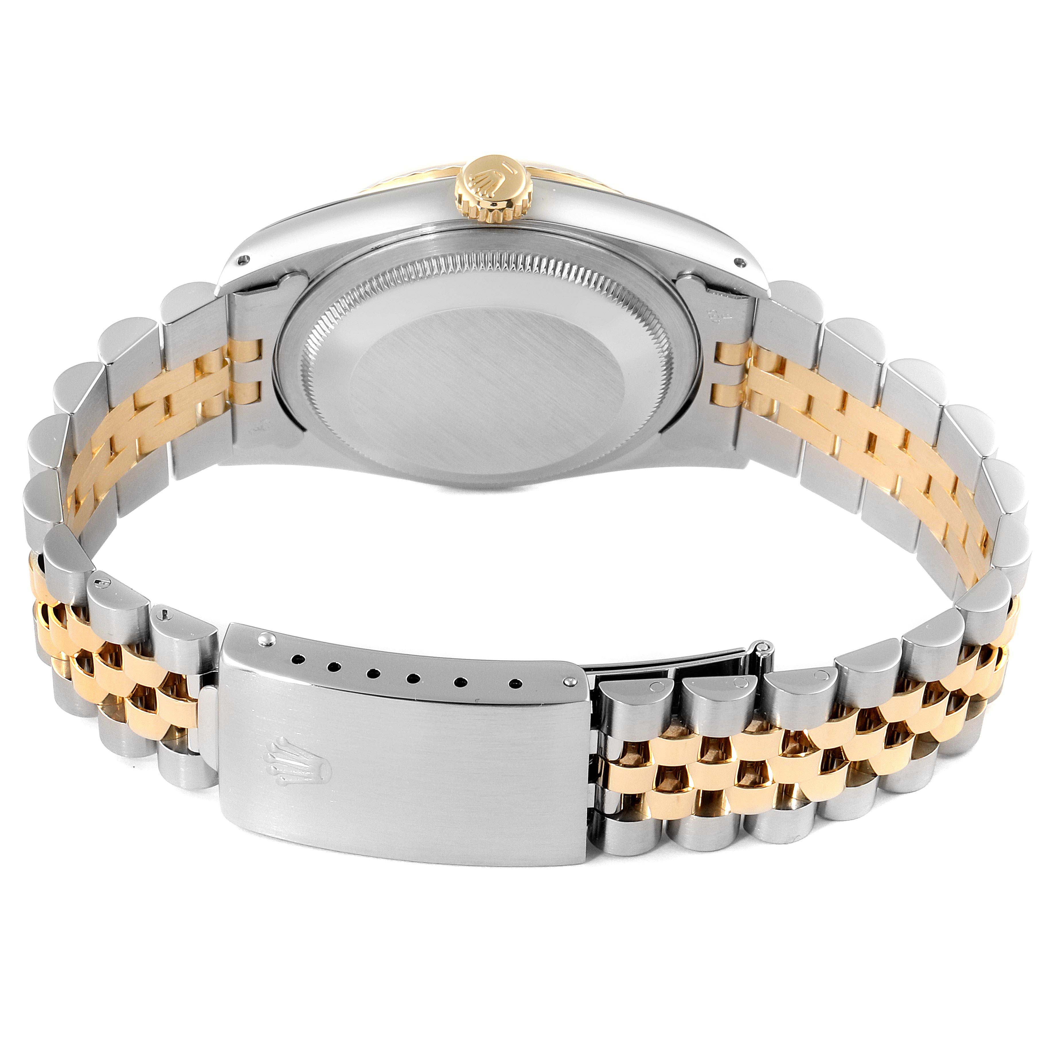 The image shows the back of the Rolex Datejust 16233 Men's Steel and Gold (two tone) Black Dial 16233 Men's Steel and Gold (two tone) Black Dial, including the case back, crown, and Jubilee bracelet with clasp.