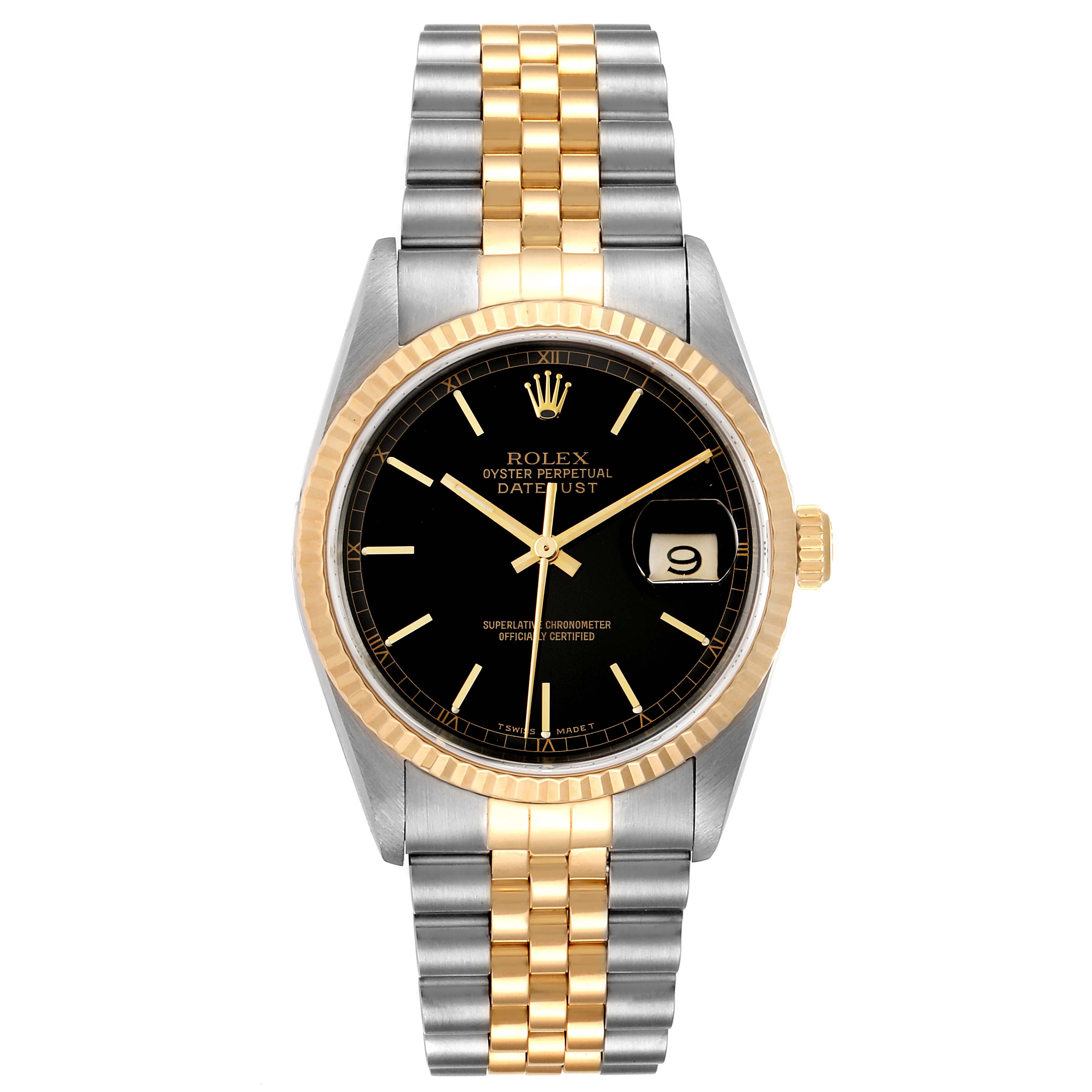 The image shows a front view of a Rolex Datejust 16233 Men's Steel and Gold (two tone) Black Dial 16233 Men's Steel and Gold (two tone) Black Dial watch, highlighting its bracelet, dial, bezel, crown, and date display.