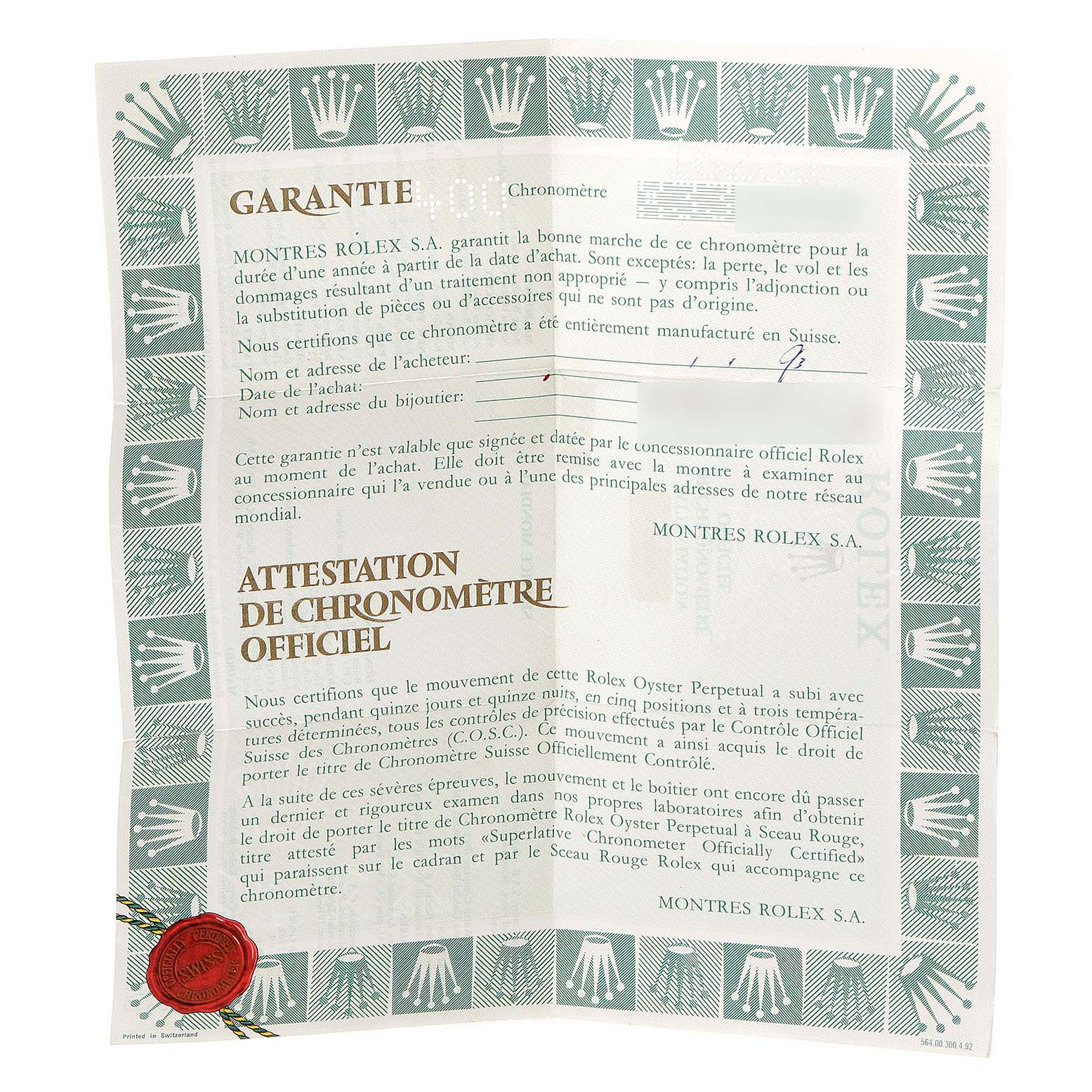 The image shows an official warranty and chronometer certificate for a Rolex Datejust 16233 Men's Steel and Gold (two tone) Black Dial 16233 Men's Steel and Gold (two tone) Black Dial watch.