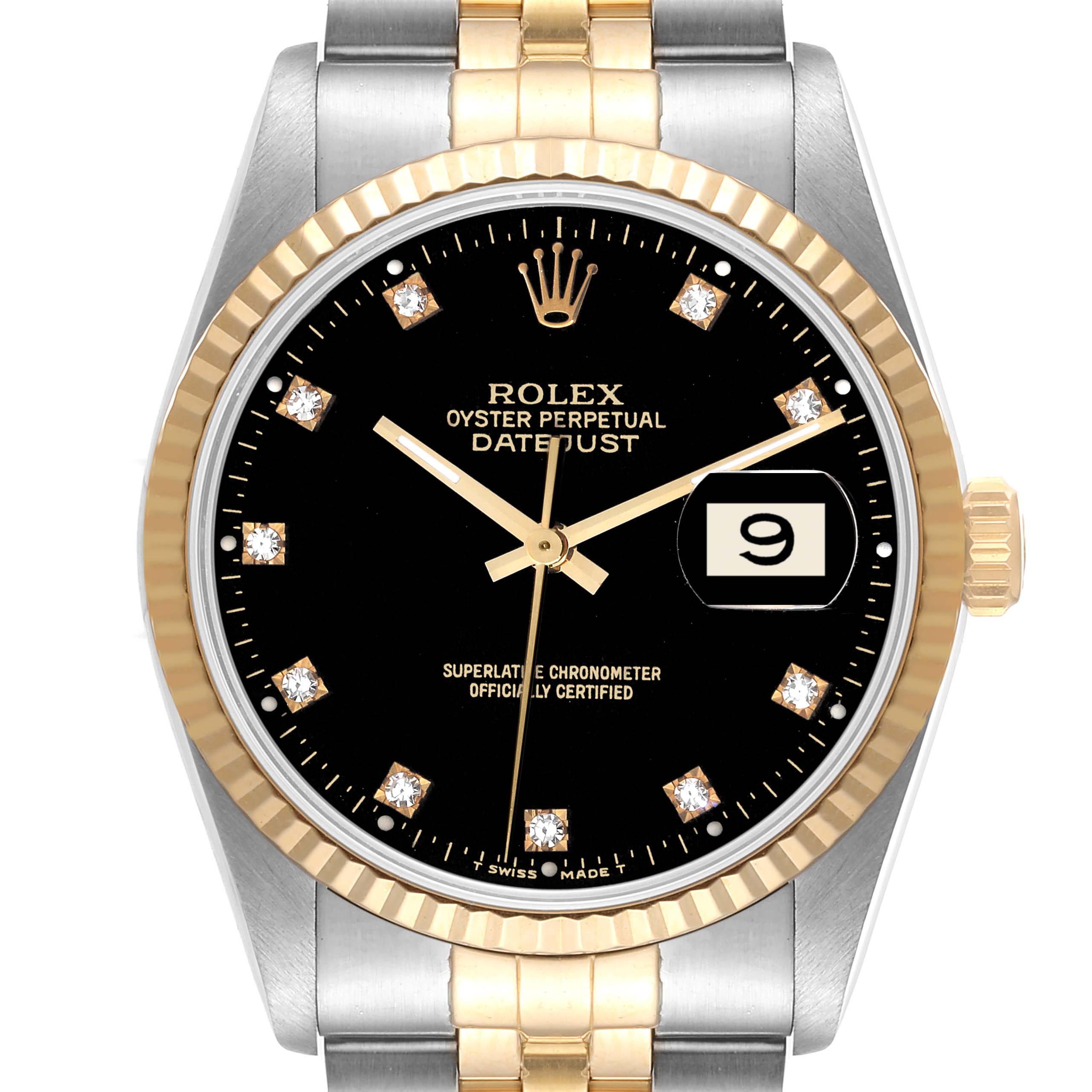 The image shows a front view of the Rolex Datejust 16233 Men's Steel and Gold (two tone) Black Dial 16233 Men's Steel and Gold (two tone) Black Dial watch, highlighting the black dial, fluted bezel, and two-tone bracelet.