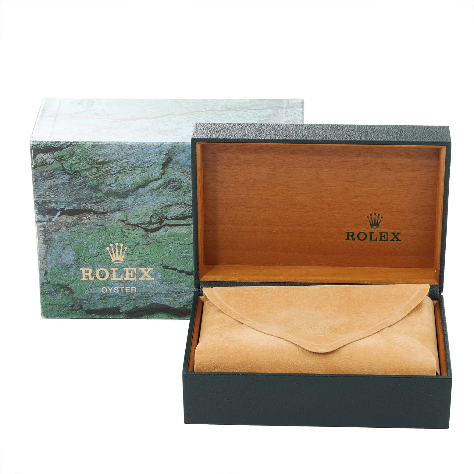 The image shows an open Rolex Datejust 16233 Men's Steel and Gold (two tone) Black Dial 16233 Men's Steel and Gold (two tone) Black Dial box, revealing a suede pouch inside, with the outer box in the background.