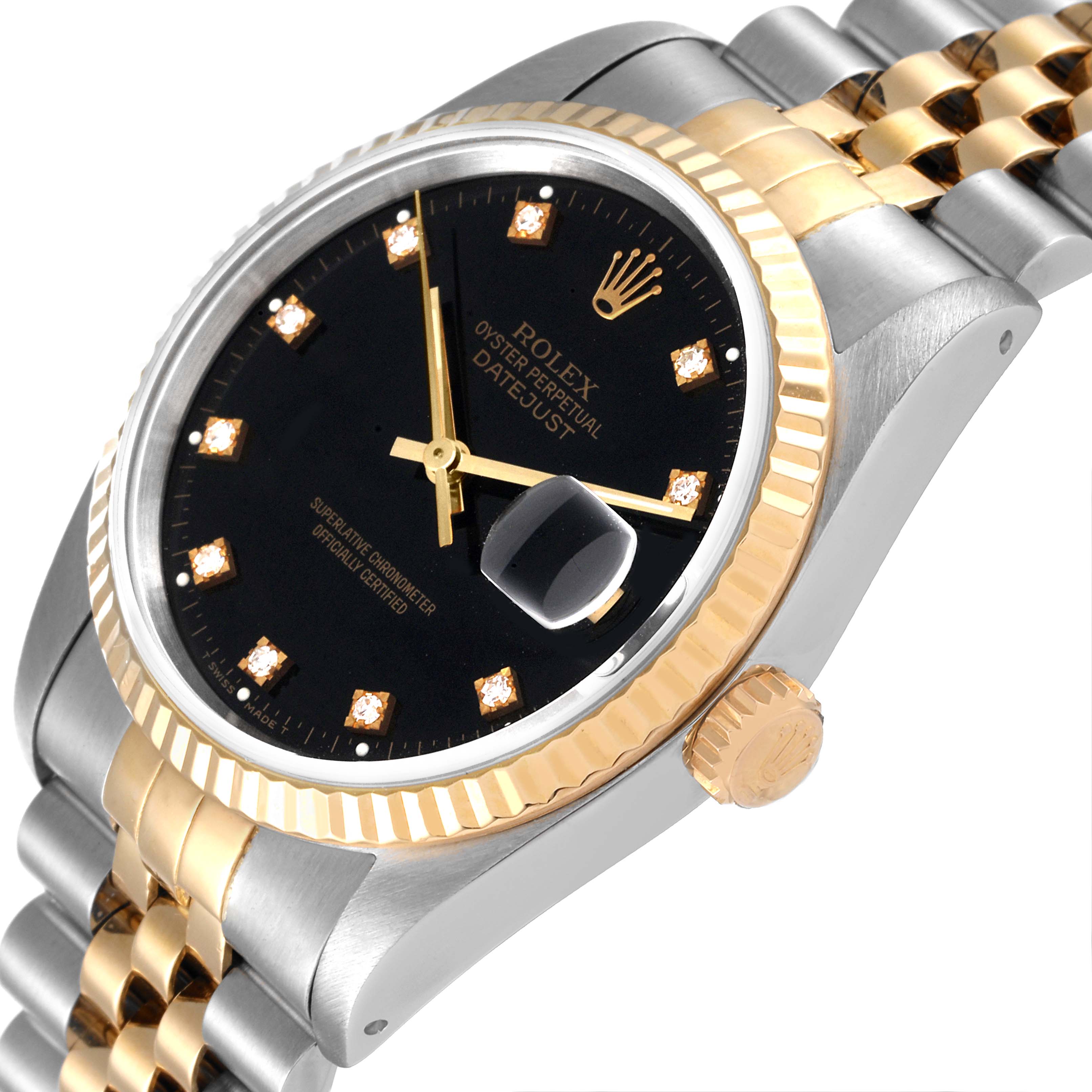 The Rolex Datejust 16233 Men's Steel and Gold (two tone) Black Dial 16233 Men's Steel and Gold (two tone) Black Dial watch is shown at an oblique angle highlighting the bezel, crown, dial, and part of the bracelet.