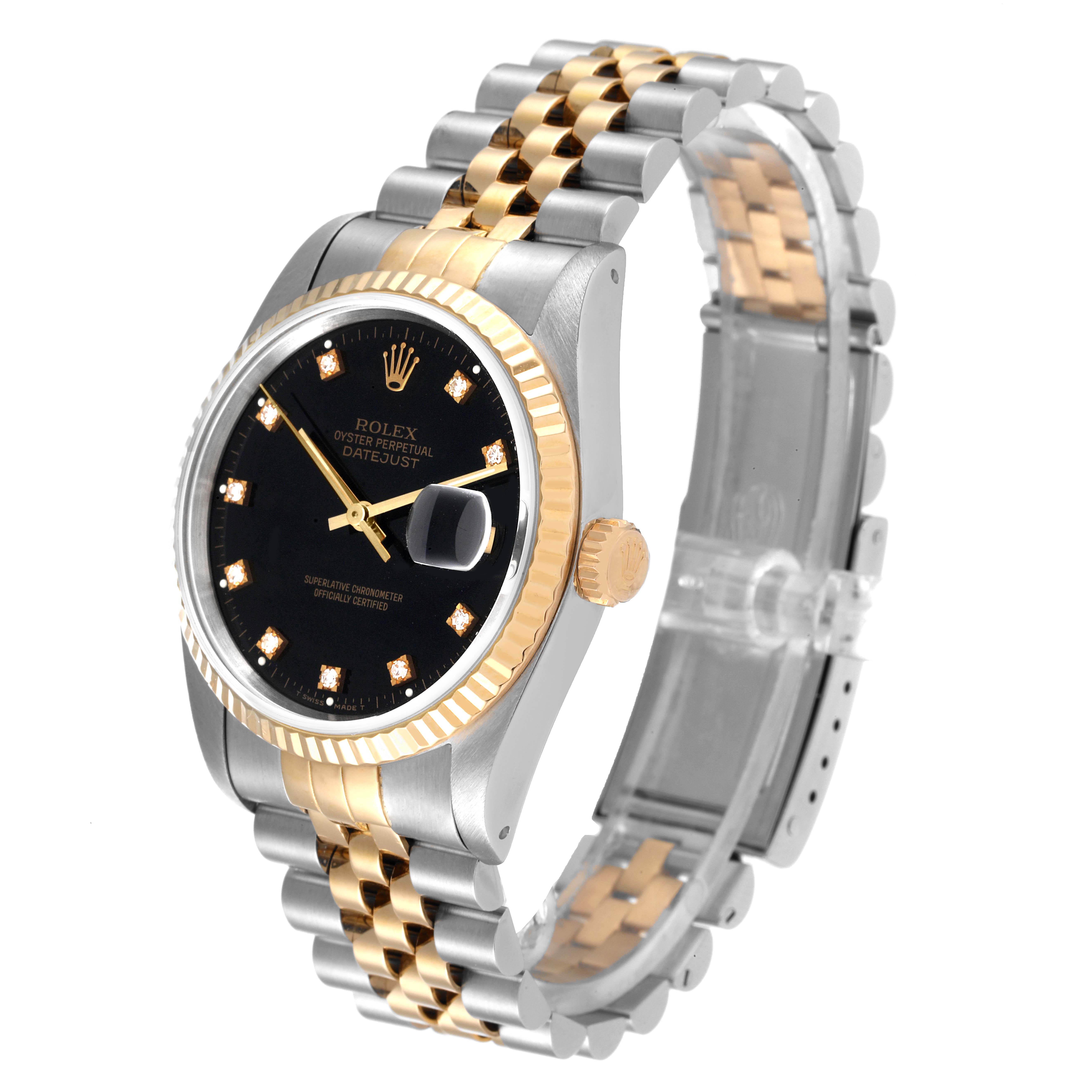 This angled view of the Rolex Datejust 16233 Men's Steel and Gold (two tone) Black Dial 16233 Men's Steel and Gold (two tone) Black Dial watch showcases its black dial, date window, fluted bezel, and two-tone bracelet.