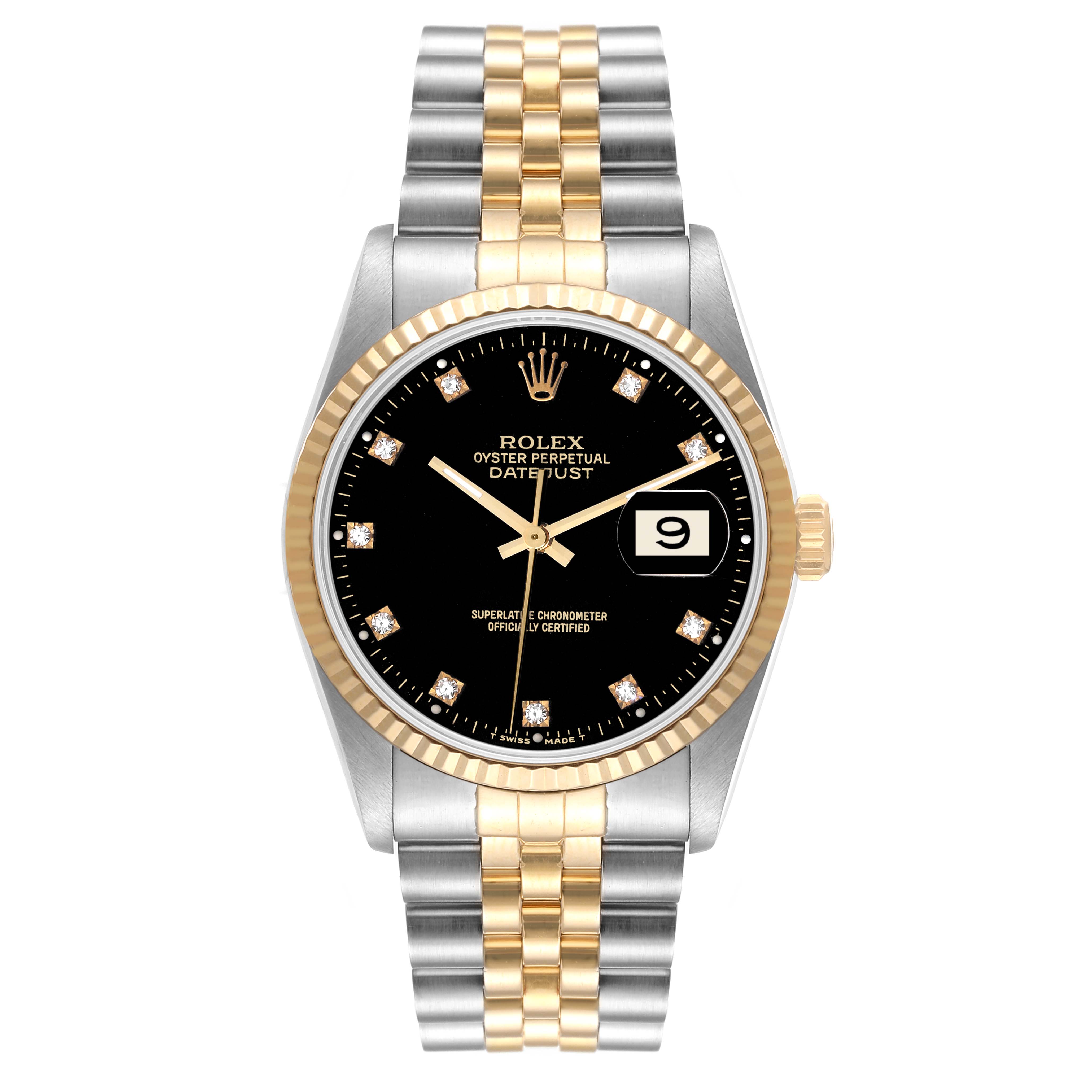 The Rolex Datejust 16233 Men's Steel and Gold (two tone) Black Dial 16233 Men's Steel and Gold (two tone) Black Dial watch is shown from a front angle, displaying its face, bezel, and two-tone bracelet.