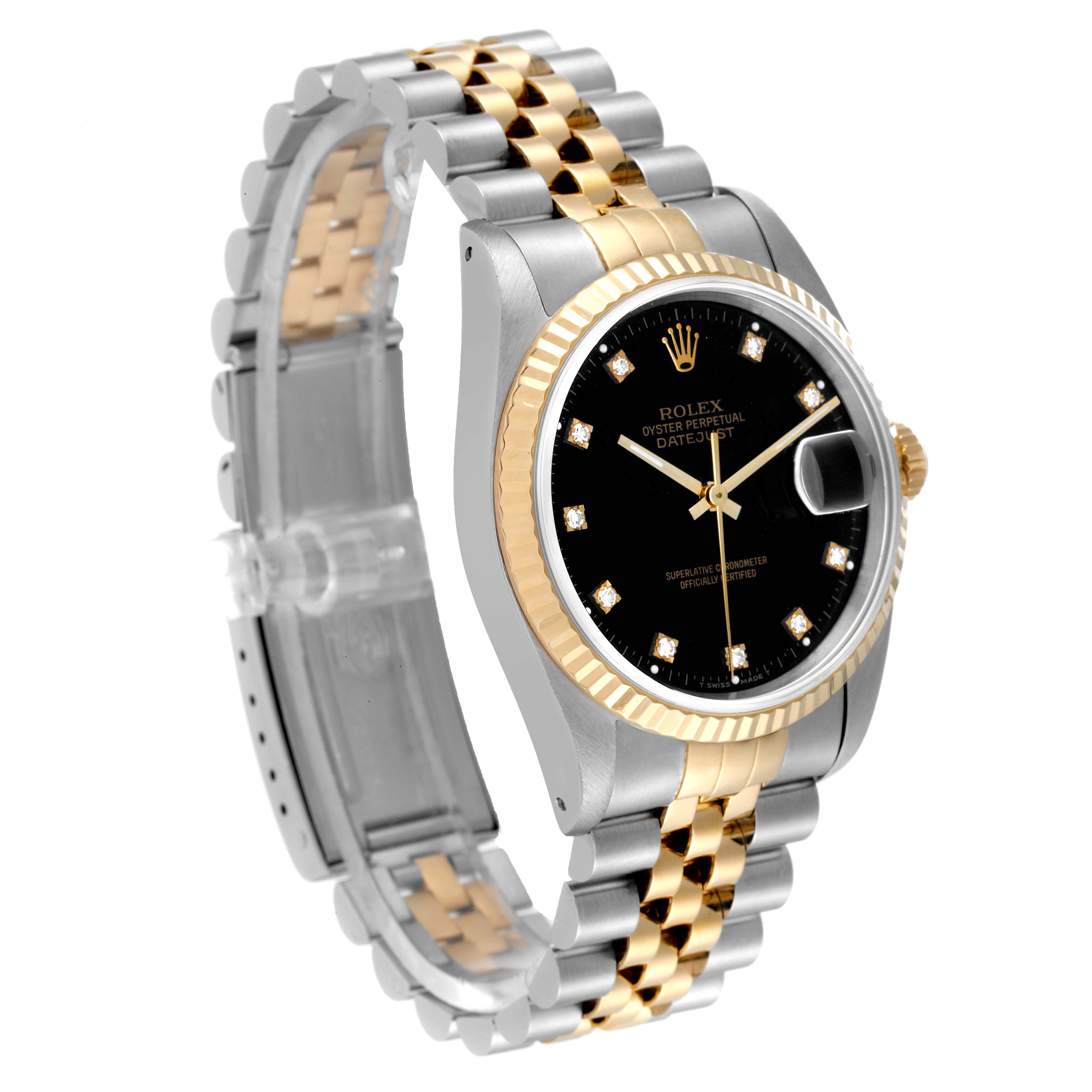 The Rolex Datejust 16233 Men's Steel and Gold (two tone) Black Dial 16233 Men's Steel and Gold (two tone) Black Dial watch is shown at a three-quarter angle, displaying the bracelet, case, bezel, and dial.