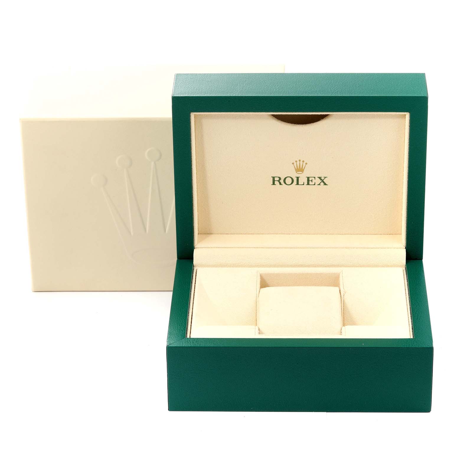The image shows an open green Rolex watch box for the Datejust model, with a cream interior and the Rolex logo.