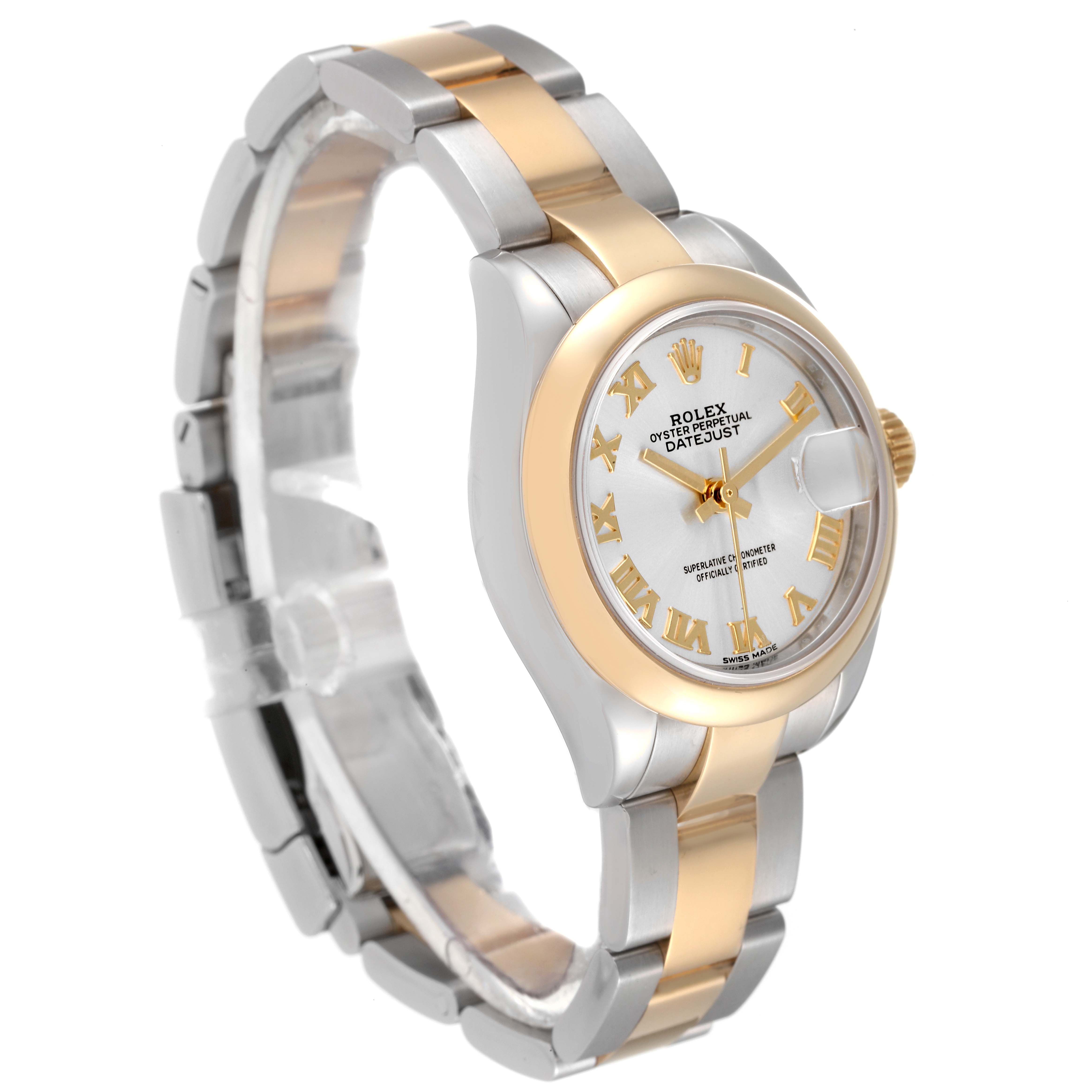The Rolex Datejust 279163 Women's Steel and Gold (two tone) Silver Dial 279163 Women's Steel and Gold (two tone) Silver Dial watch is shown at a 3/4 angle, highlighting the dial, bezel, and two-tone bracelet.