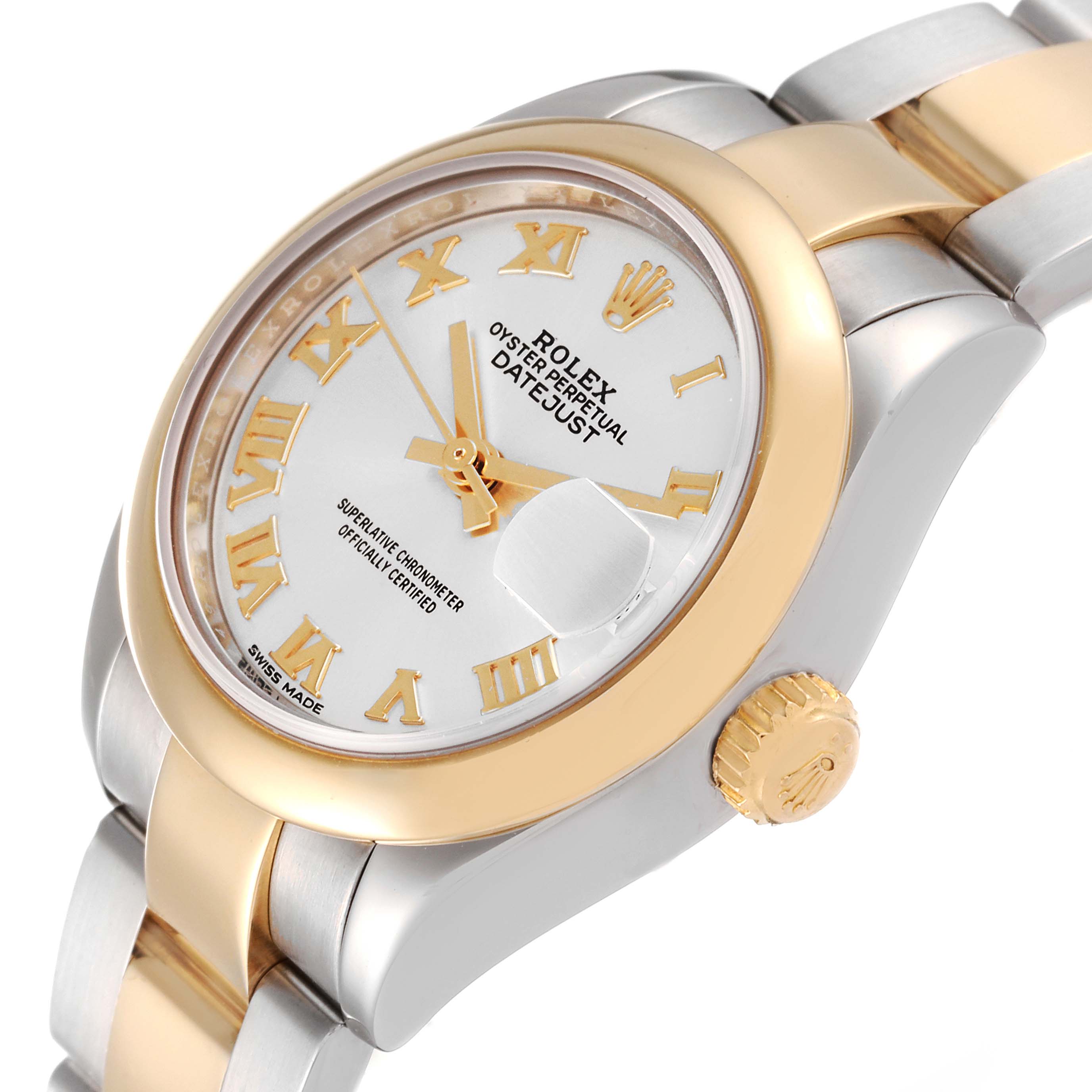 The image shows a Rolex Datejust 279163 Women's Steel and Gold (two tone) Silver Dial 279163 Women's Steel and Gold (two tone) Silver Dial watch at an angle focusing on the dial, bezel, crown, and part of the bracelet.