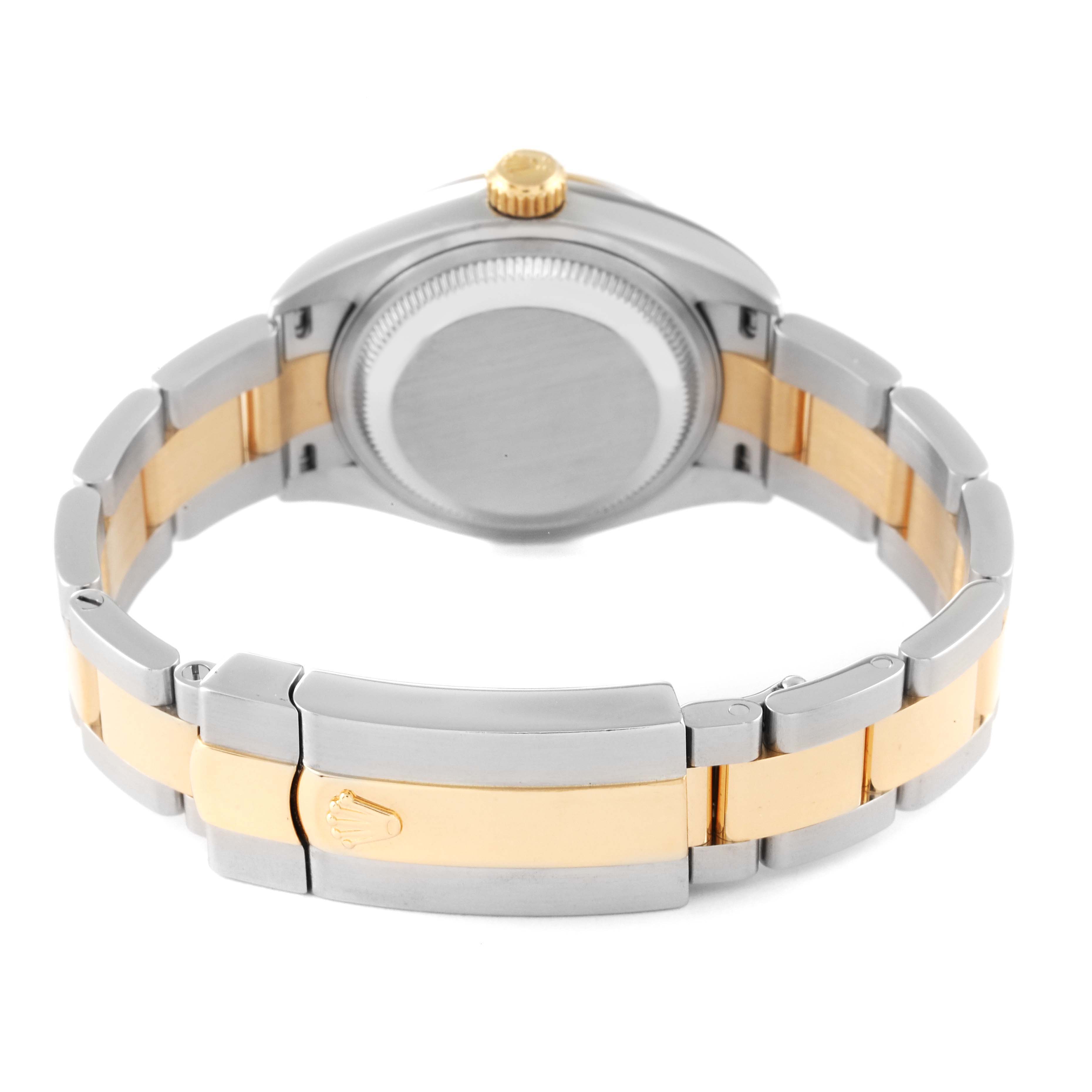 The image shows the backside view of a Rolex Datejust 279163 Women's Steel and Gold (two tone) Silver Dial 279163 Women's Steel and Gold (two tone) Silver Dial watch, highlighting its bracelet and clasp.