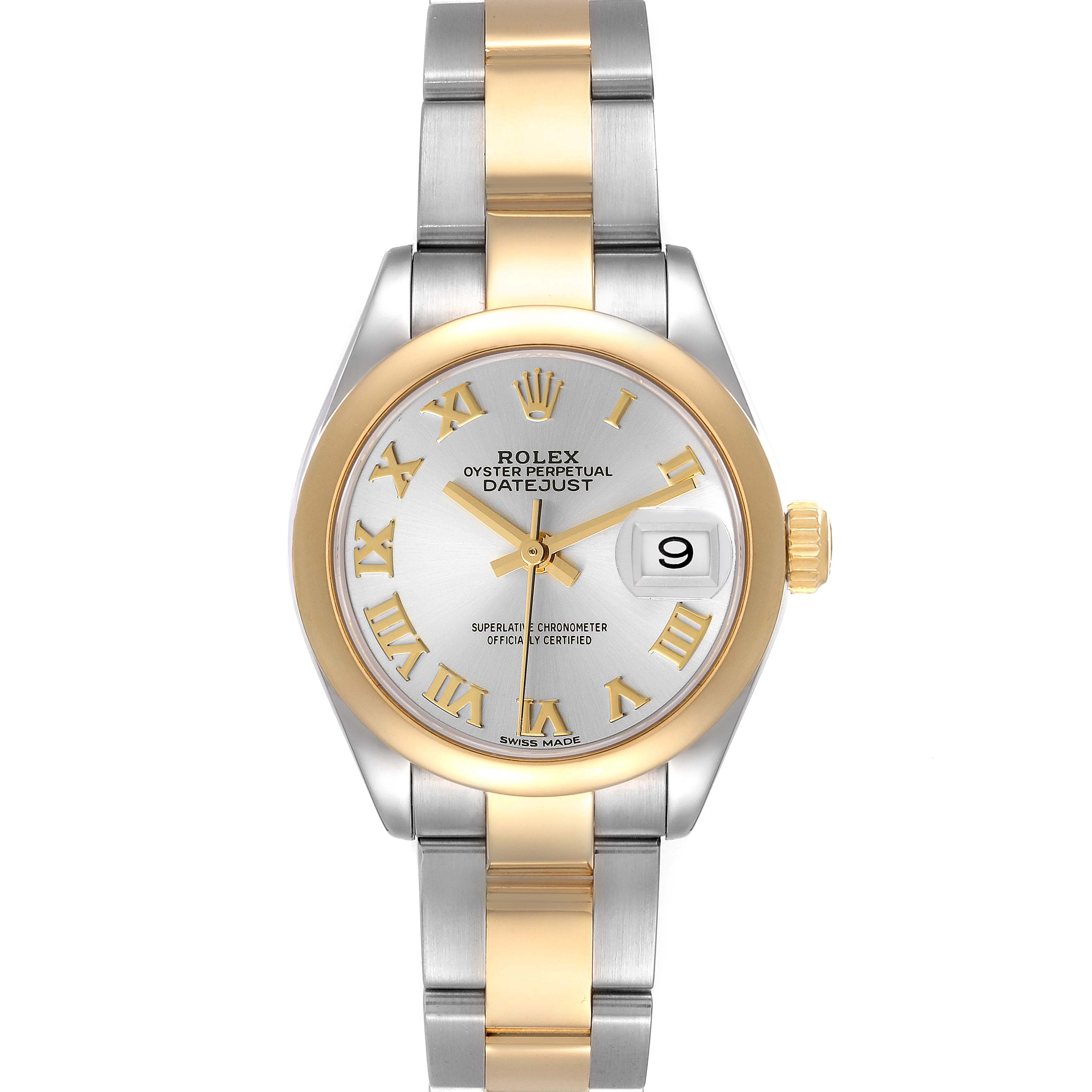 This image shows a front view of the Rolex Datejust 279163 Women's Steel and Gold (two tone) Silver Dial 279163 Women's Steel and Gold (two tone) Silver Dial with a silver and gold case and bracelet, featuring a date display at 3 o'clock.