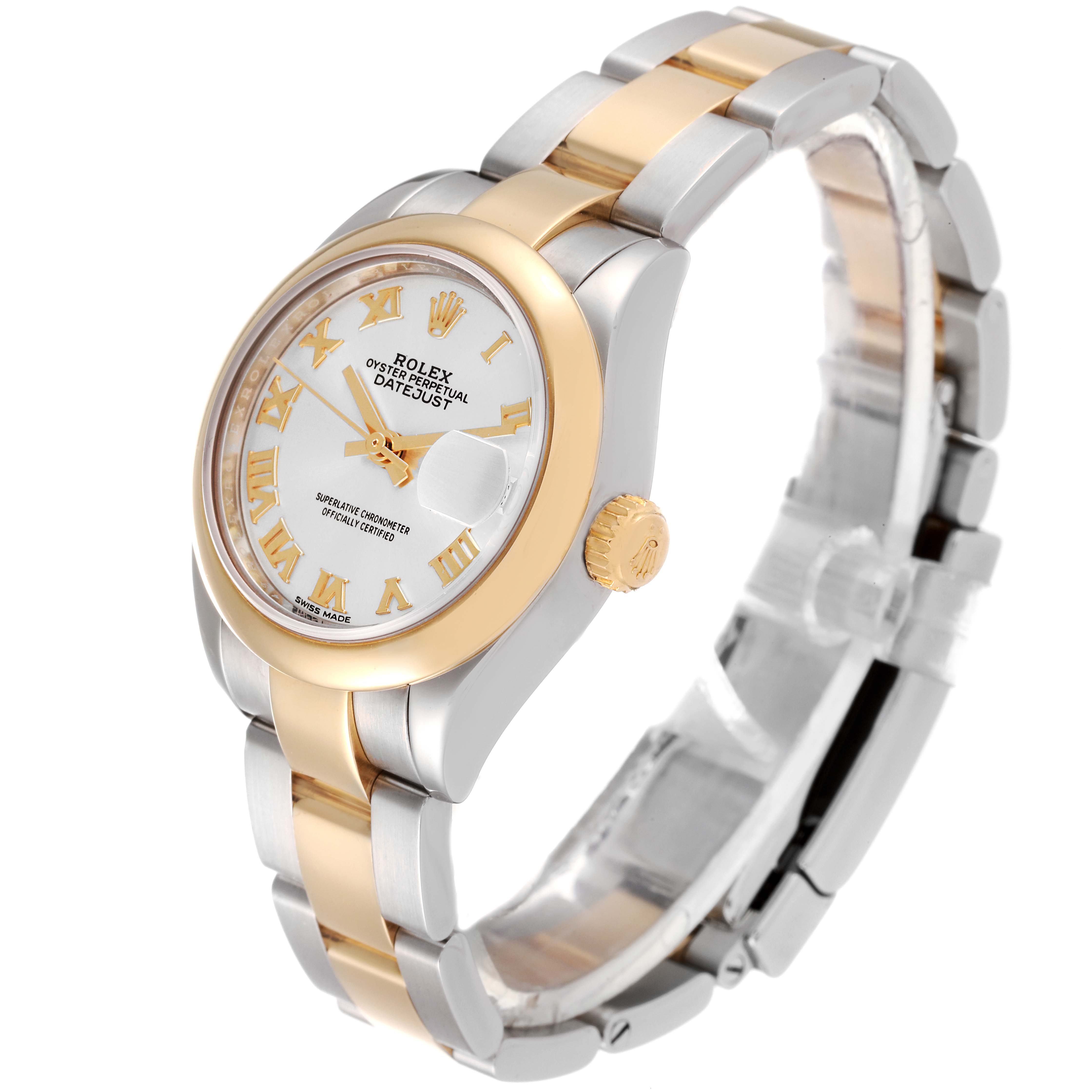 The image shows a Rolex Datejust 279163 Women's Steel and Gold (two tone) Silver Dial 279163 Women's Steel and Gold (two tone) Silver Dial watch at an angle showcasing its face, bezel, crown, and bracelet.