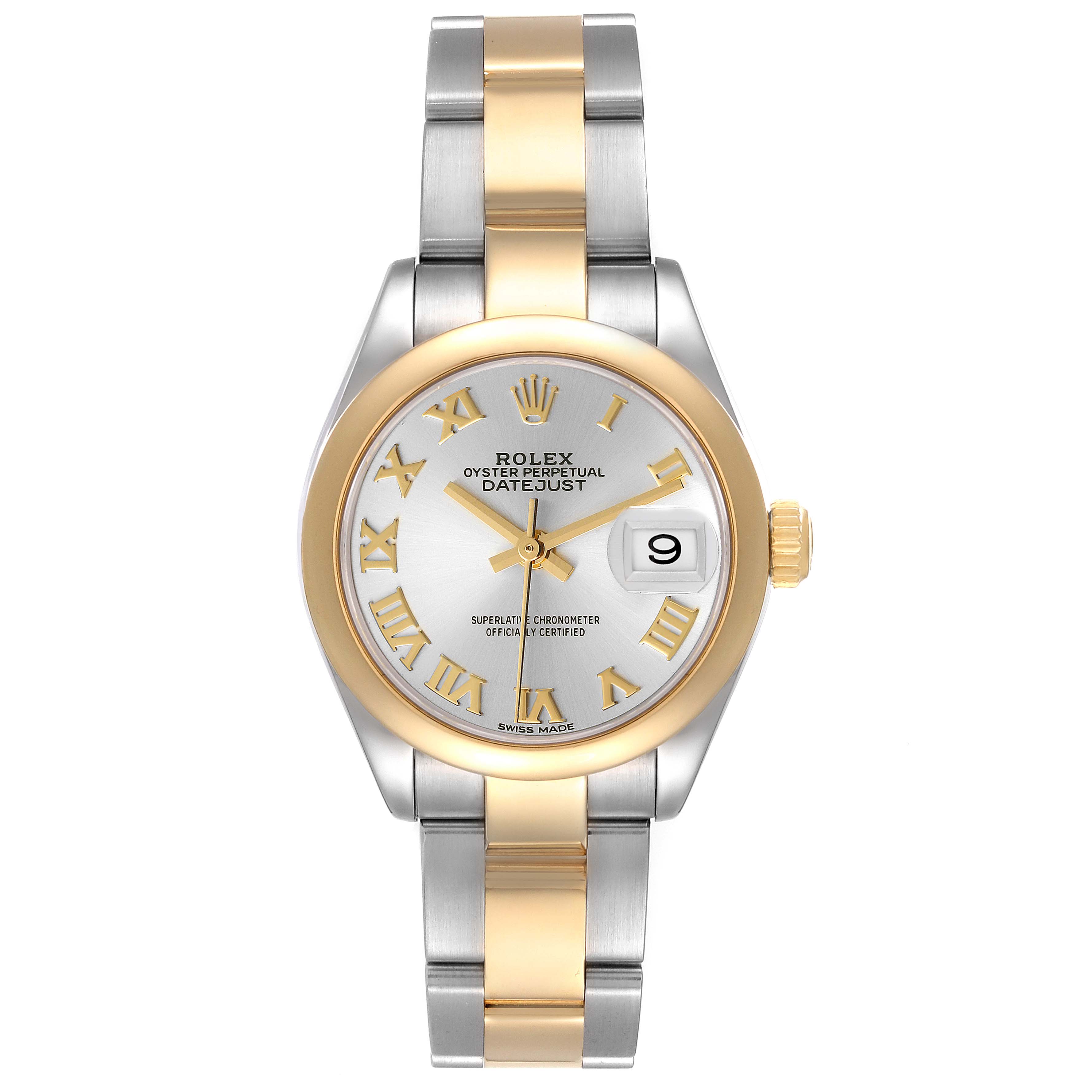 This Rolex Datejust 279163 Women's Steel and Gold (two tone) Silver Dial 279163 Women's Steel and Gold (two tone) Silver Dial watch is shown from a straight-on angle, highlighting its dial, bezel, and bi-tone bracelet.