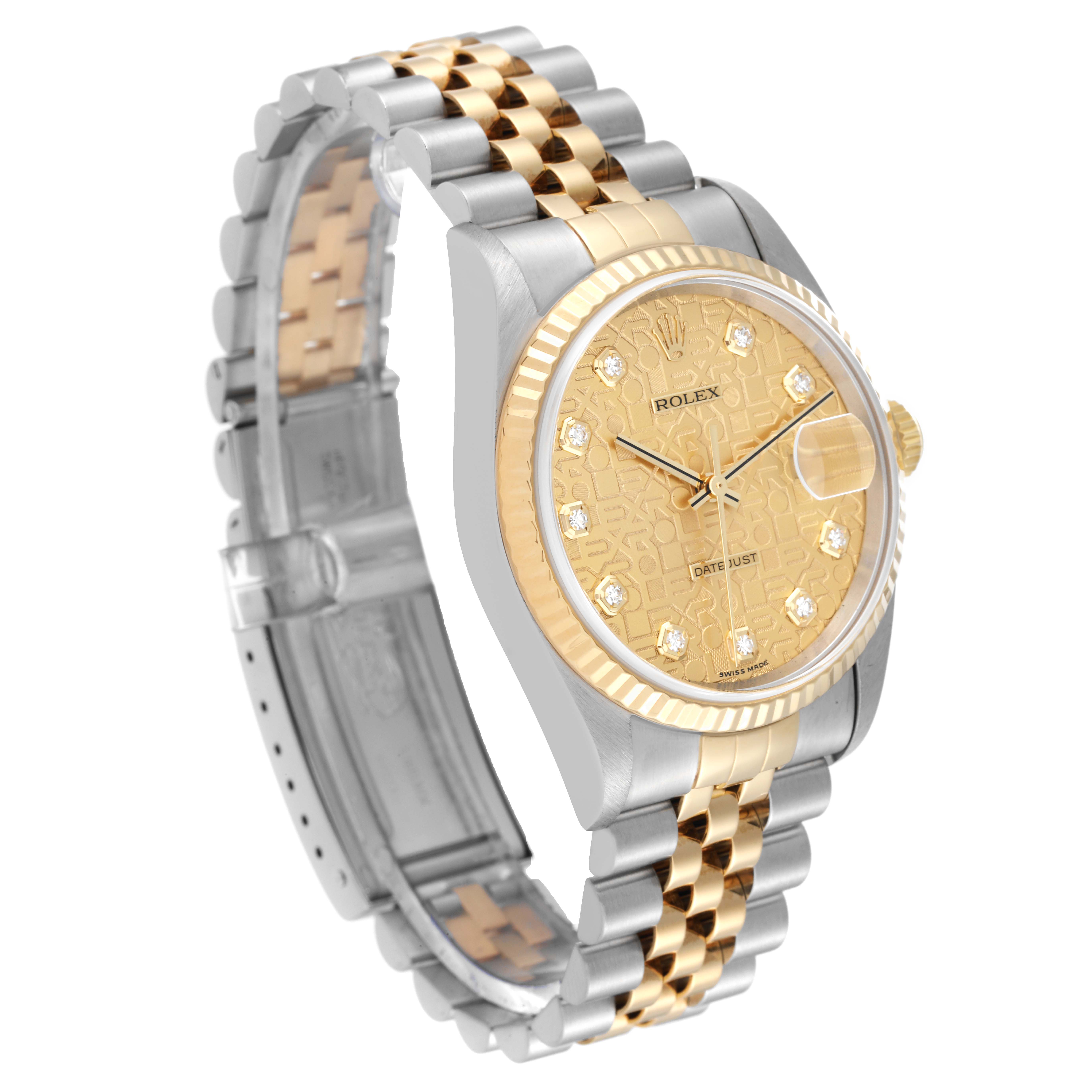 The image shows a side angle of a Rolex Datejust 16233 Men's Steel and Gold (two tone) Champagne Dial 16233 Men's Steel and Gold (two tone) Champagne Dial watch with a silver and gold jubilee bracelet and a detailed golden dial.