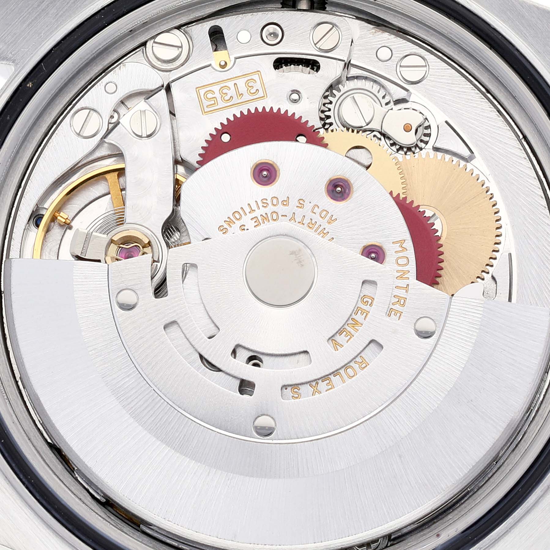 This image shows an overhead view of the internal mechanics of a Rolex Datejust 16233 Men's Steel and Gold (two tone) Champagne Dial 16233 Men's Steel and Gold (two tone) Champagne Dial watch, featuring gears and the rotor.