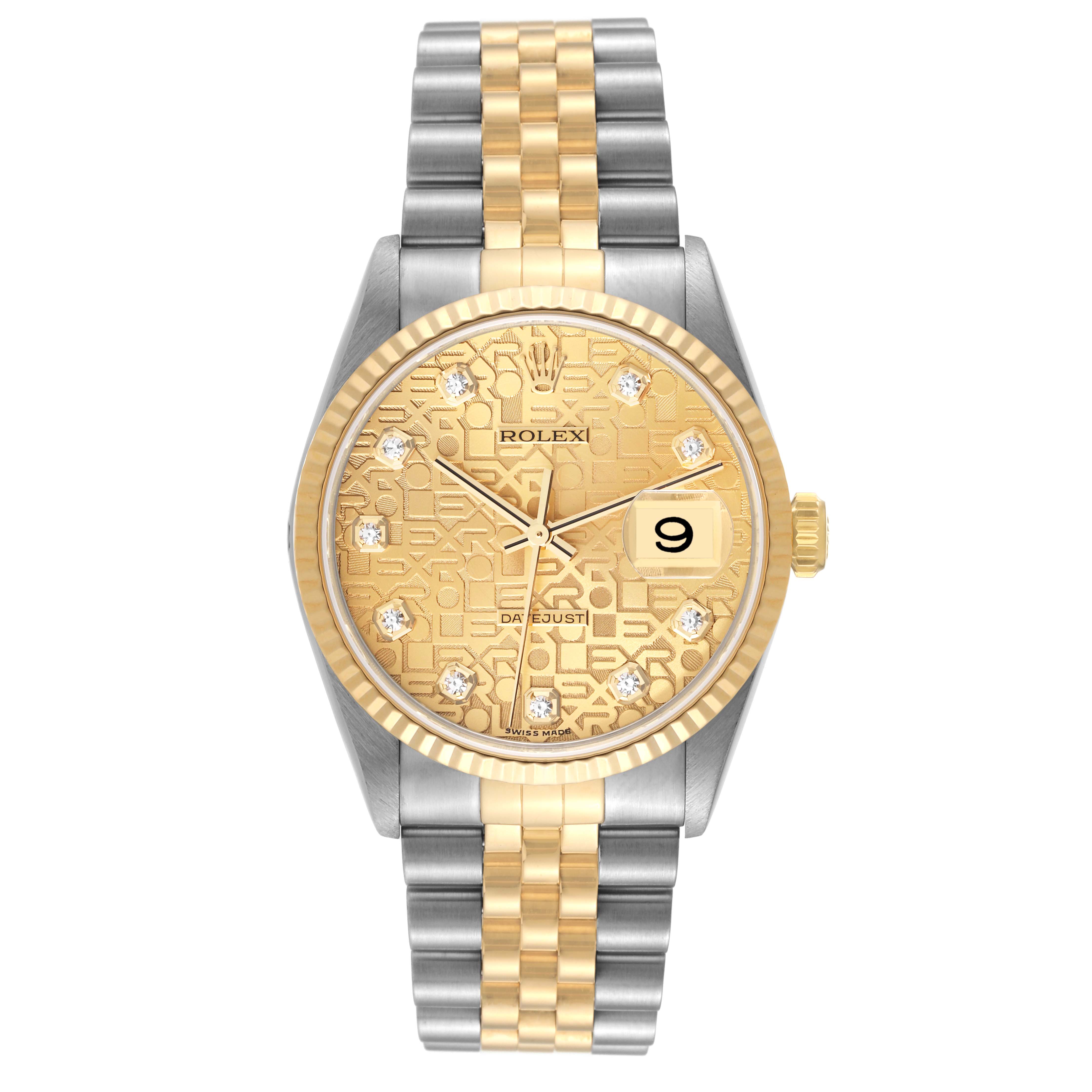 This image shows a frontal view of the Rolex Datejust 16233 Men's Steel and Gold (two tone) Champagne Dial 16233 Men's Steel and Gold (two tone) Champagne Dial, highlighting its gold dial, two-tone bracelet, and diamond hour markers.