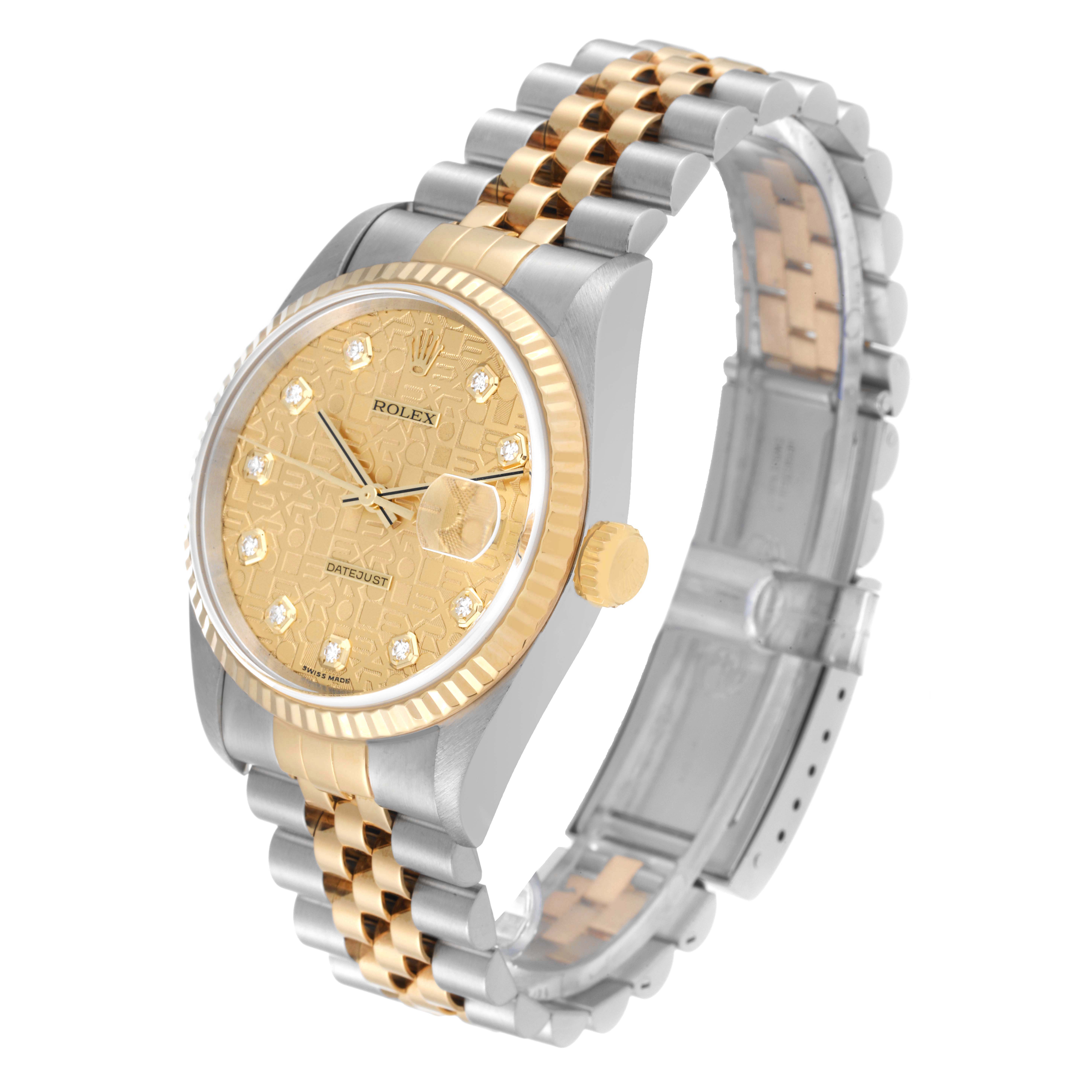 The Rolex Datejust 16233 Men's Steel and Gold (two tone) Champagne Dial 16233 Men's Steel and Gold (two tone) Champagne Dial watch is shown at a three-quarter angle, displaying its gold bezel, dial, crown, and two-tone bracelet.