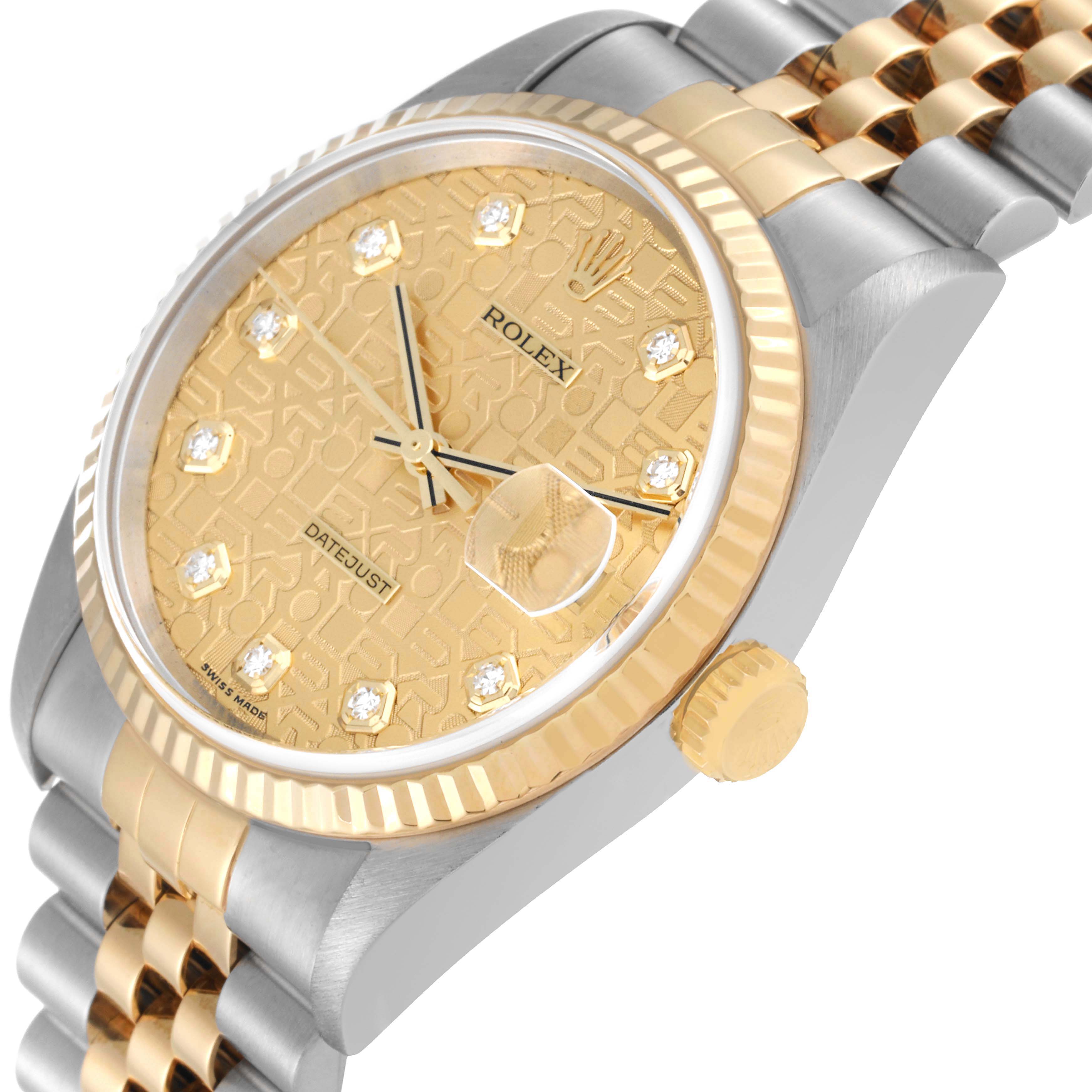 This image shows a close-up angle of the gold dial and Jubilee bracelet of the Rolex Datejust 16233 Men's Steel and Gold (two tone) Champagne Dial 16233 Men's Steel and Gold (two tone) Champagne Dial watch.