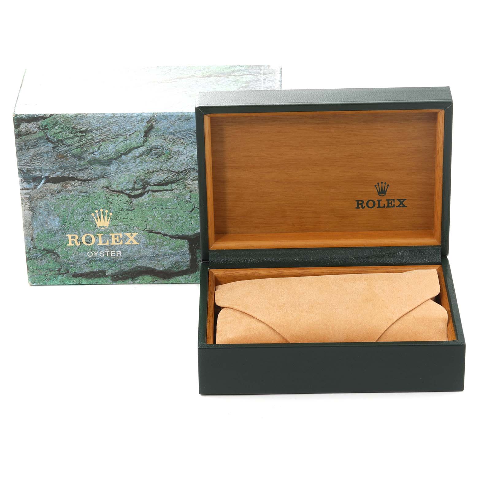 The image shows an open Rolex Datejust 16233 Men's Steel and Gold (two tone) Champagne Dial 16233 Men's Steel and Gold (two tone) Champagne Dial watch box and outer packaging, revealing the interior wooden finish and a suede watch holder.