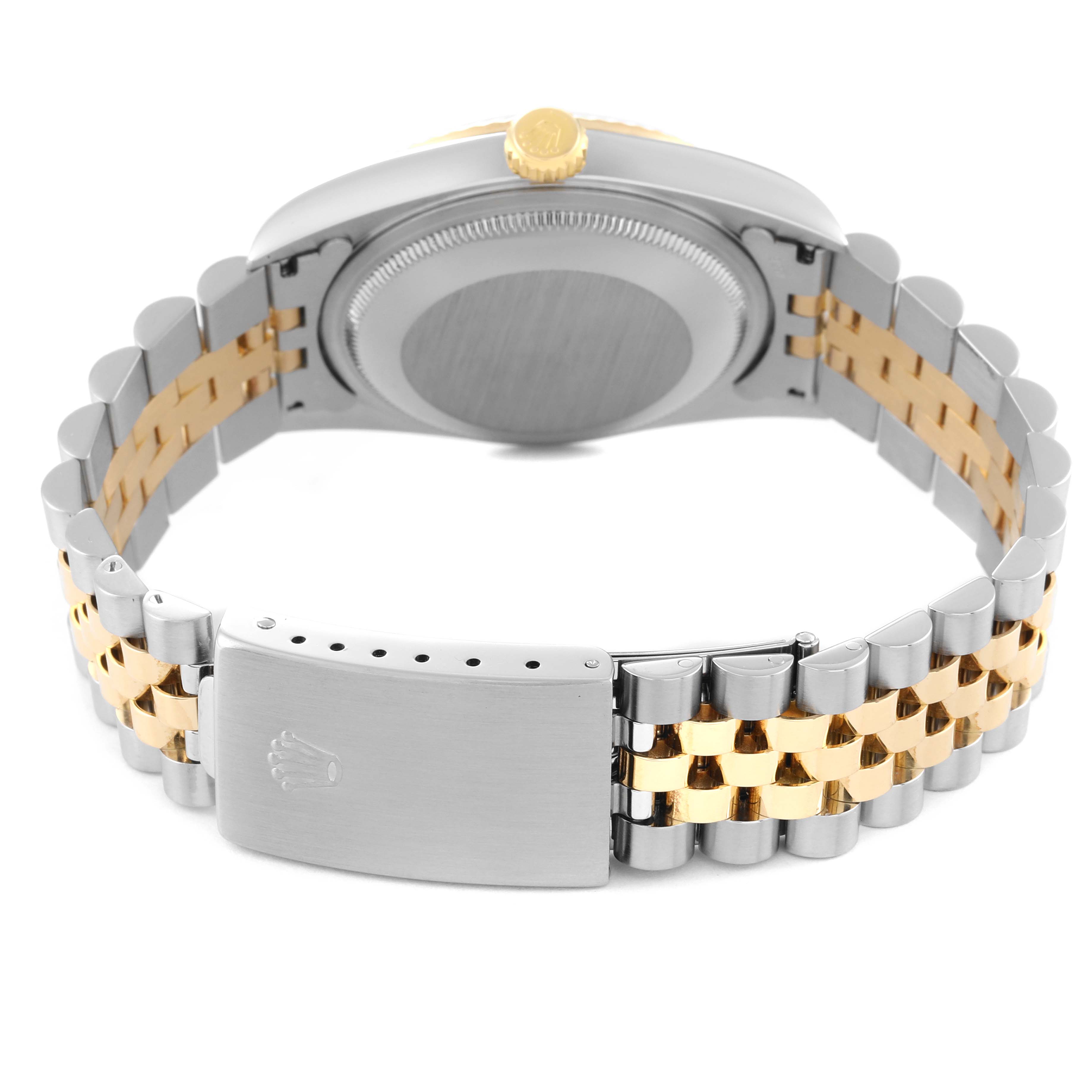 The image shows the back view of a Rolex Datejust 16233 Men's Steel and Gold (two tone) Champagne Dial 16233 Men's Steel and Gold (two tone) Champagne Dial watch, highlighting its case, crown, and two-tone bracelet.