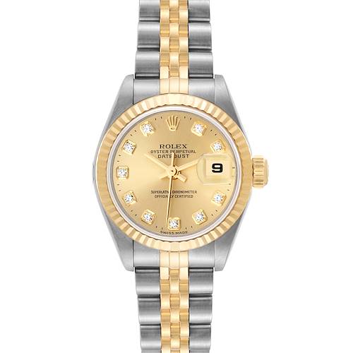 This is a front view of a Rolex Datejust watch showcasing its face, bezel, crown, and two-tone bracelet.