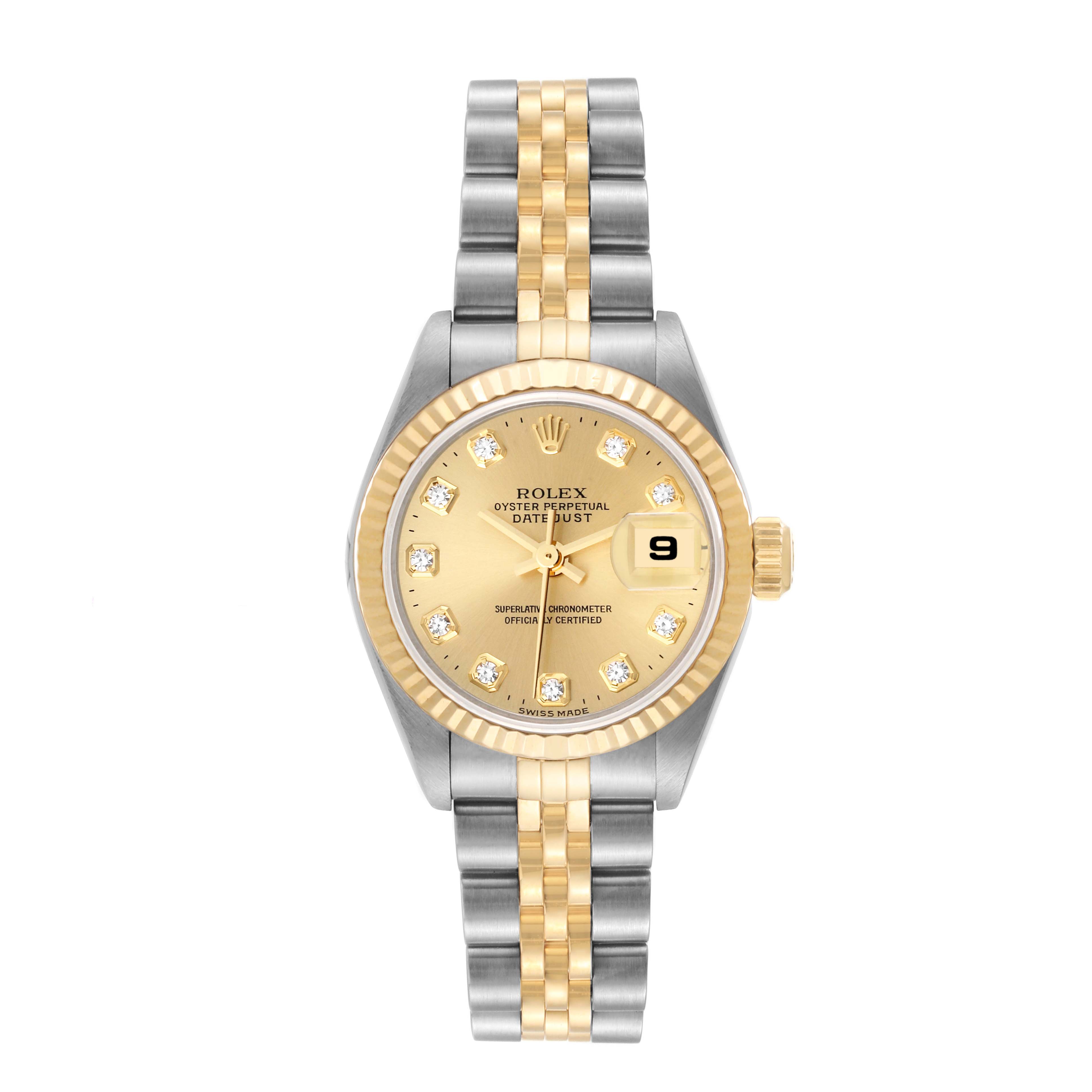 The image shows a front view of a Rolex Datejust 69173 Women's Steel and Gold (two tone) Champagne Dial 69173 Women's Steel and Gold (two tone) Champagne Dial watch, highlighting the dial, bezel, and jubilee bracelet.