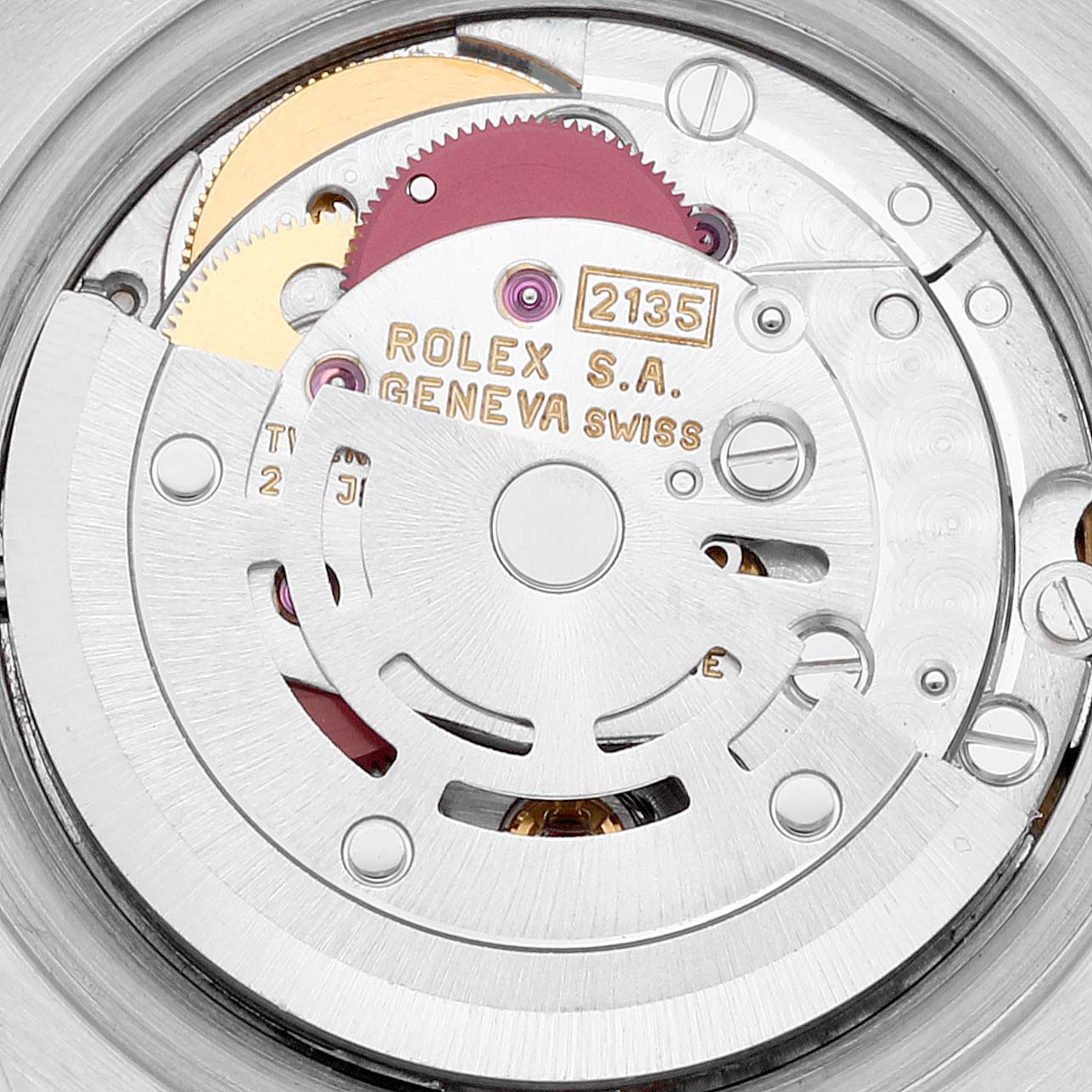 This image shows the internal movement mechanism of a Rolex Datejust 69173 Women's Steel and Gold (two tone) Champagne Dial 69173 Women's Steel and Gold (two tone) Champagne Dial watch from a straight-on angle.