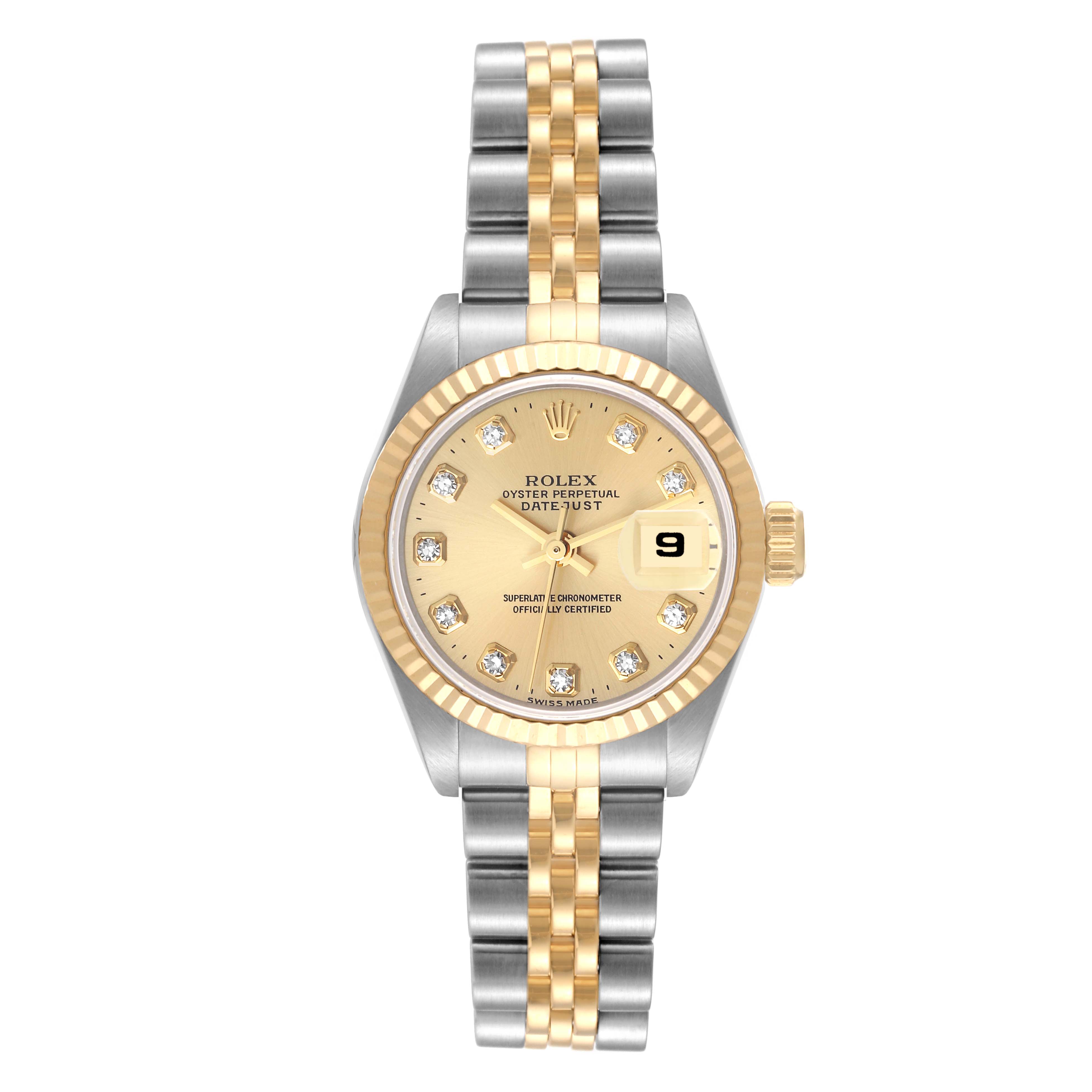 The image shows a front view of a Rolex Datejust 69173 Women's Stainless Steel Champagne Dial 69173 Women's Stainless Steel Champagne Dial watch, featuring a gold dial, diamond hour markers, and two-tone metal bracelet.