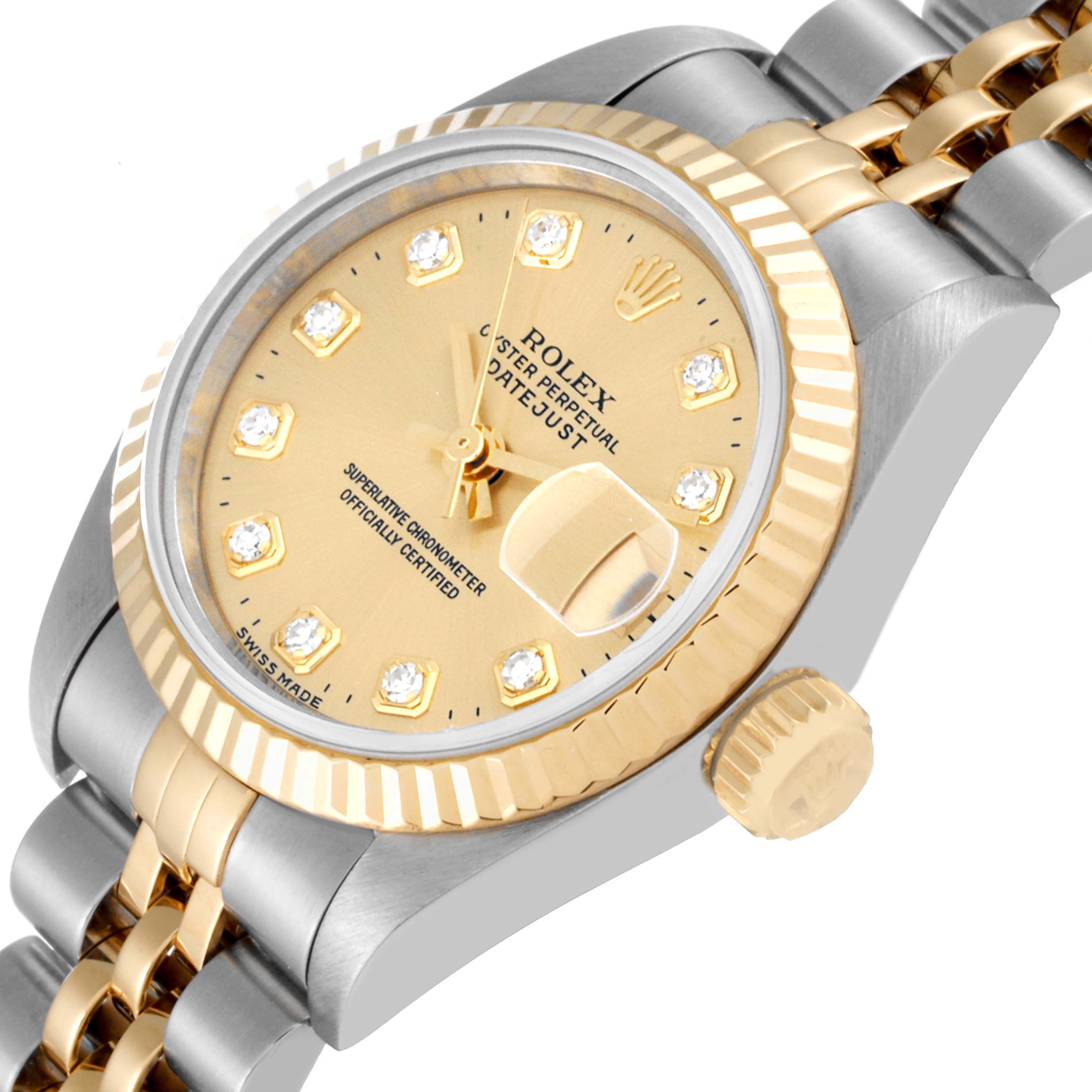 This image shows a close-up, angled view of the Rolex Datejust 69173 Women's Stainless Steel Champagne Dial 69173 Women's Stainless Steel Champagne Dial watch's dial and part of its bracelet.
