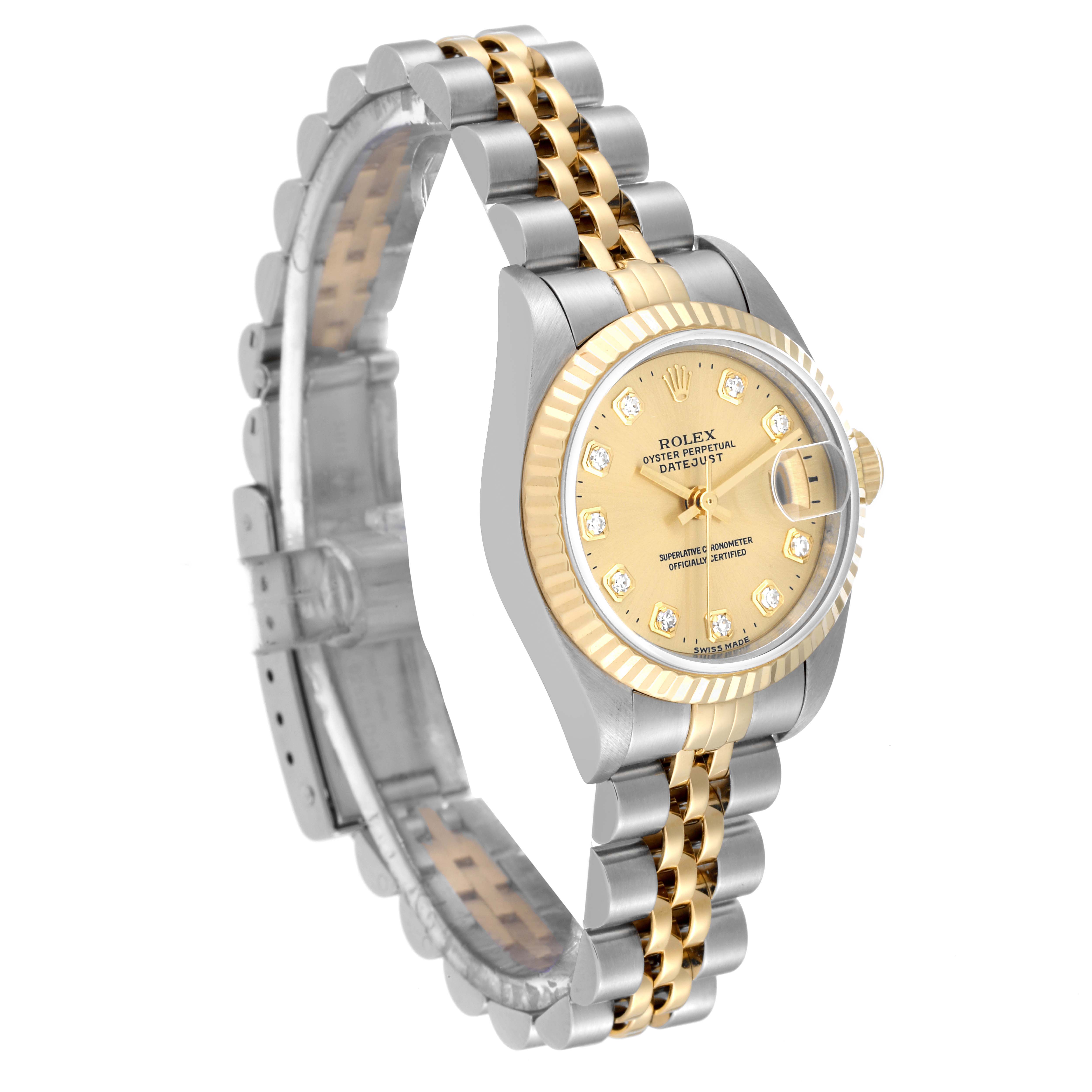 The image shows a Rolex Datejust 69173 Women's Stainless Steel Champagne Dial 69173 Women's Stainless Steel Champagne Dial watch angled to display the face, bracelet, and fluted bezel.