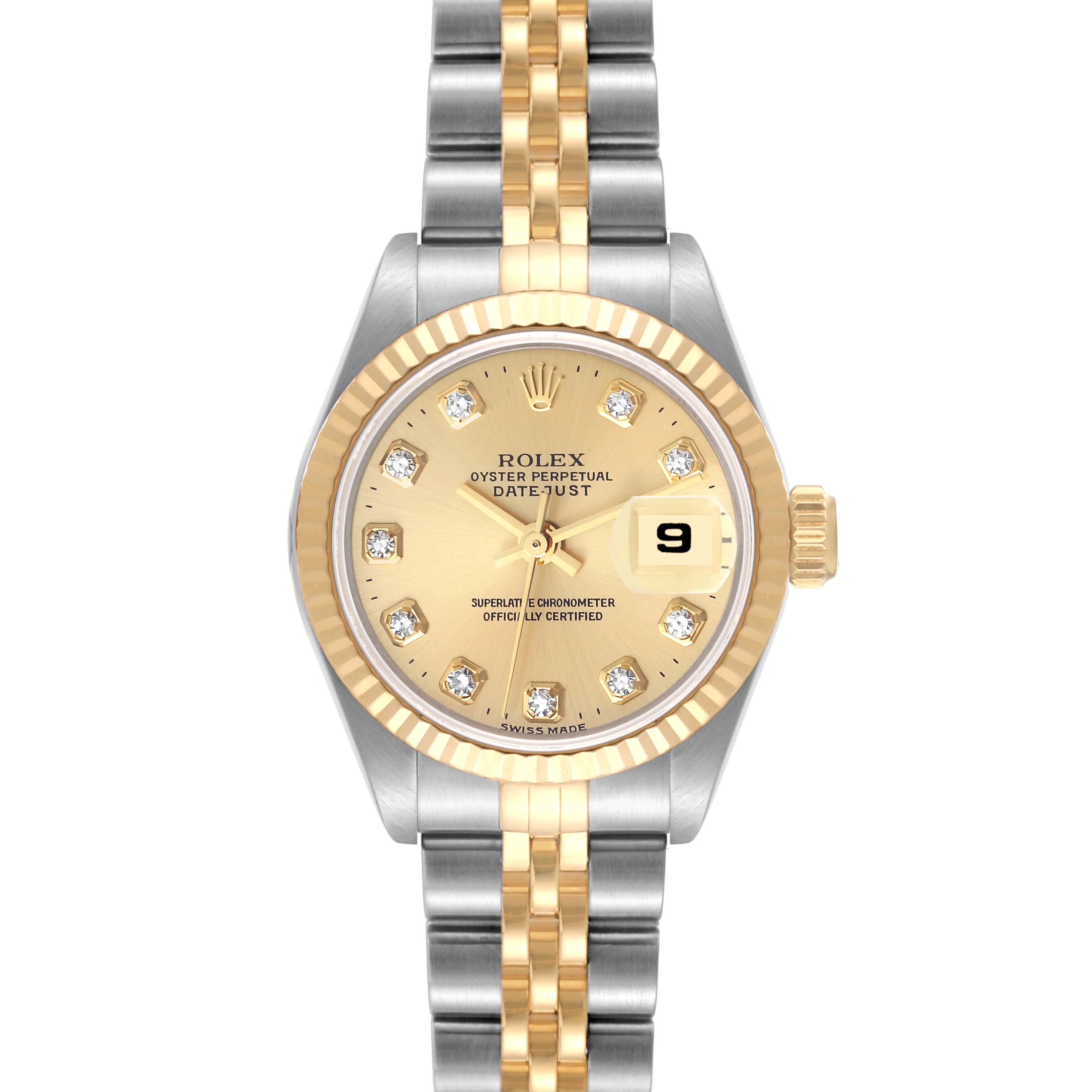 The image shows a front view of the Rolex Datejust 69173 Women's Stainless Steel Champagne Dial 69173 Women's Stainless Steel Champagne Dial watch, highlighting its gold dial, fluted bezel, and two-tone bracelet.