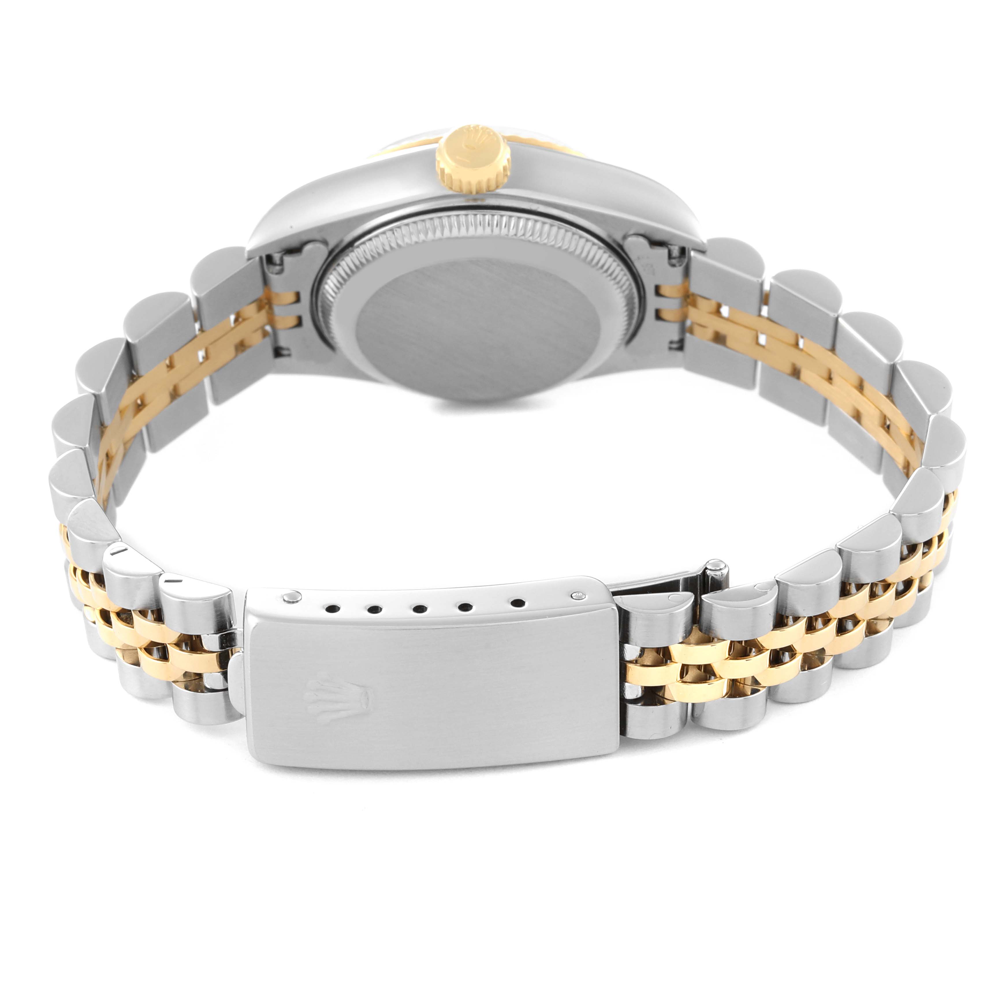 This image shows the back view of a Rolex Datejust 69173 Women's Stainless Steel Champagne Dial 69173 Women's Stainless Steel Champagne Dial watch, highlighting the case back, crown, and two-tone bracelet with clasp.