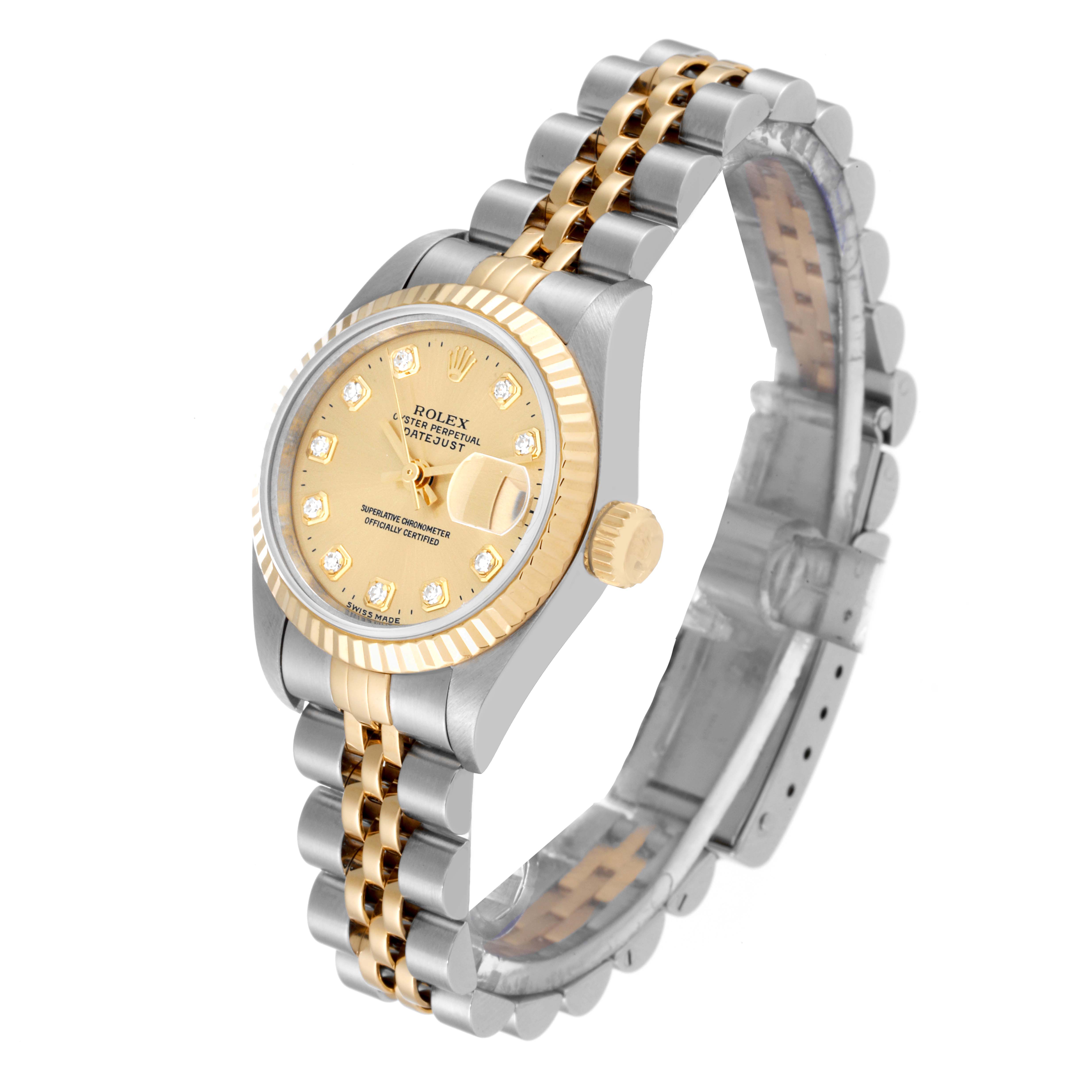 This image shows a Rolex Datejust 69173 Women's Stainless Steel Champagne Dial 69173 Women's Stainless Steel Champagne Dial model watch at a slight angle, highlighting its dial, case, bezel, and bracelet.