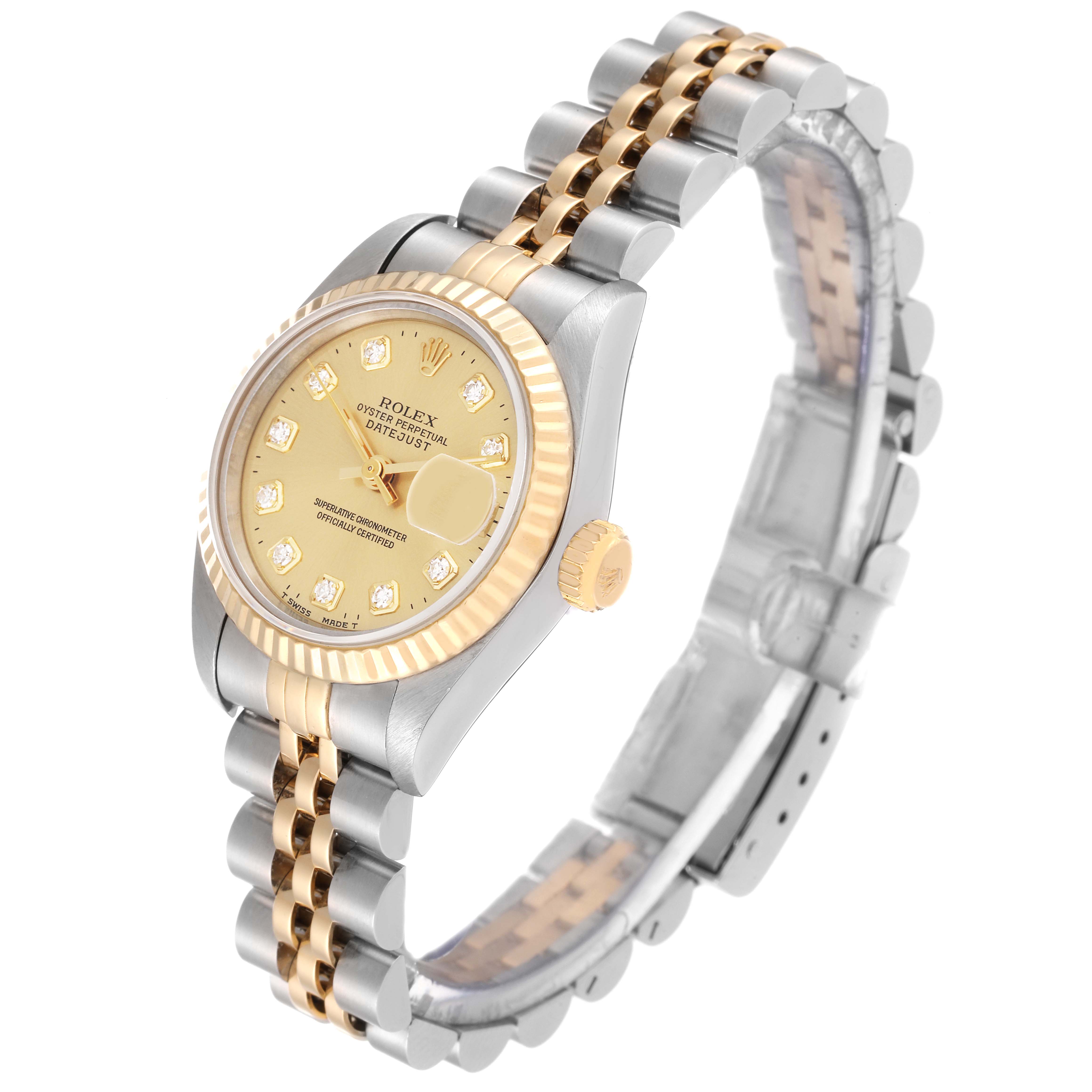 The Rolex Datejust 69173 Women's Steel and Gold (two tone) Champagne Dial 69173 Women's Steel and Gold (two tone) Champagne Dial model watch is shown from a three-quarter view, displaying the dial, bezel, case, and bracelet.