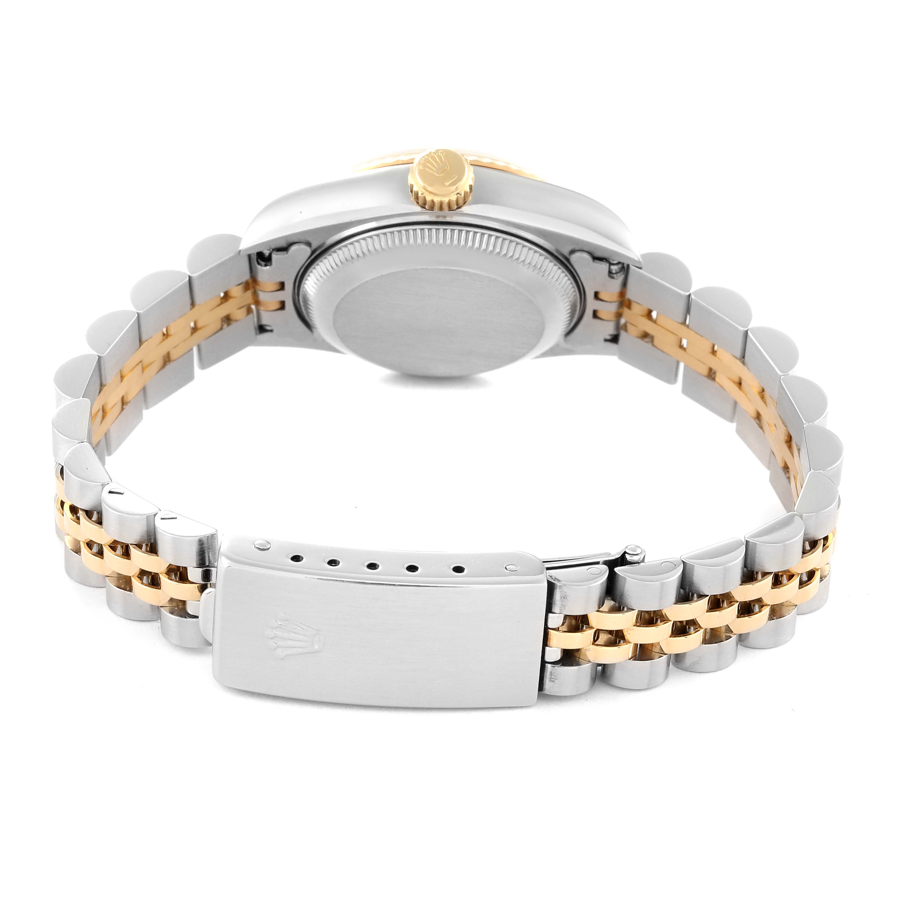 This image shows the back view of the Rolex Datejust 69173 Women's Steel and Gold (two tone) Champagne Dial 69173 Women's Steel and Gold (two tone) Champagne Dial's case and bracelet, highlighting the clasp and crown.