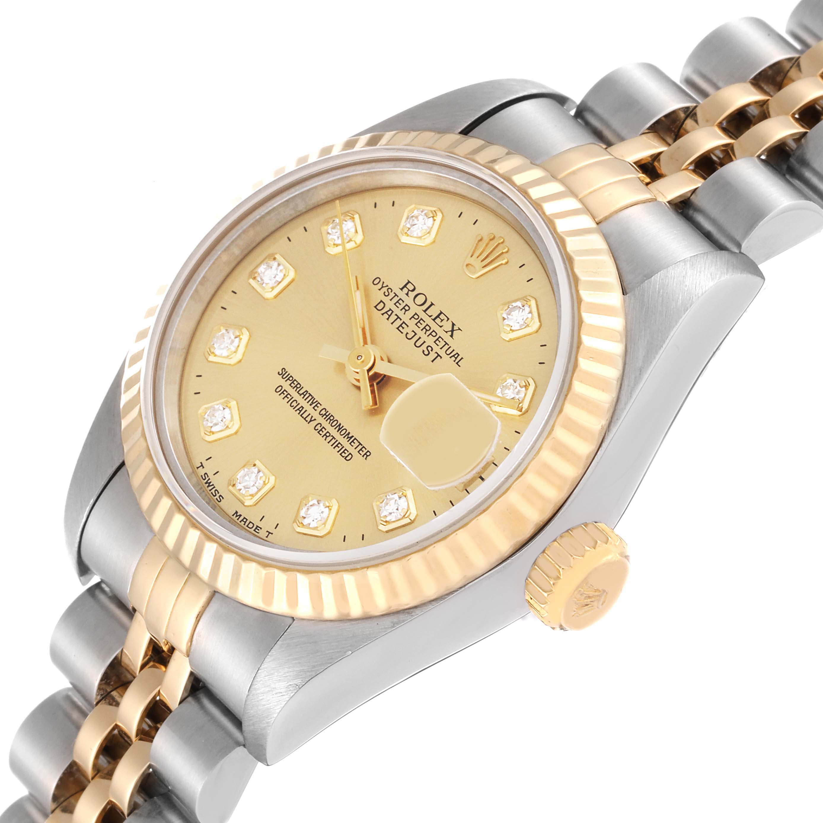 The image shows a close-up view of the Rolex Datejust 69173 Women's Steel and Gold (two tone) Champagne Dial 69173 Women's Steel and Gold (two tone) Champagne Dial watch, highlighting its dial, bezel, crown, and part of the bracelet.