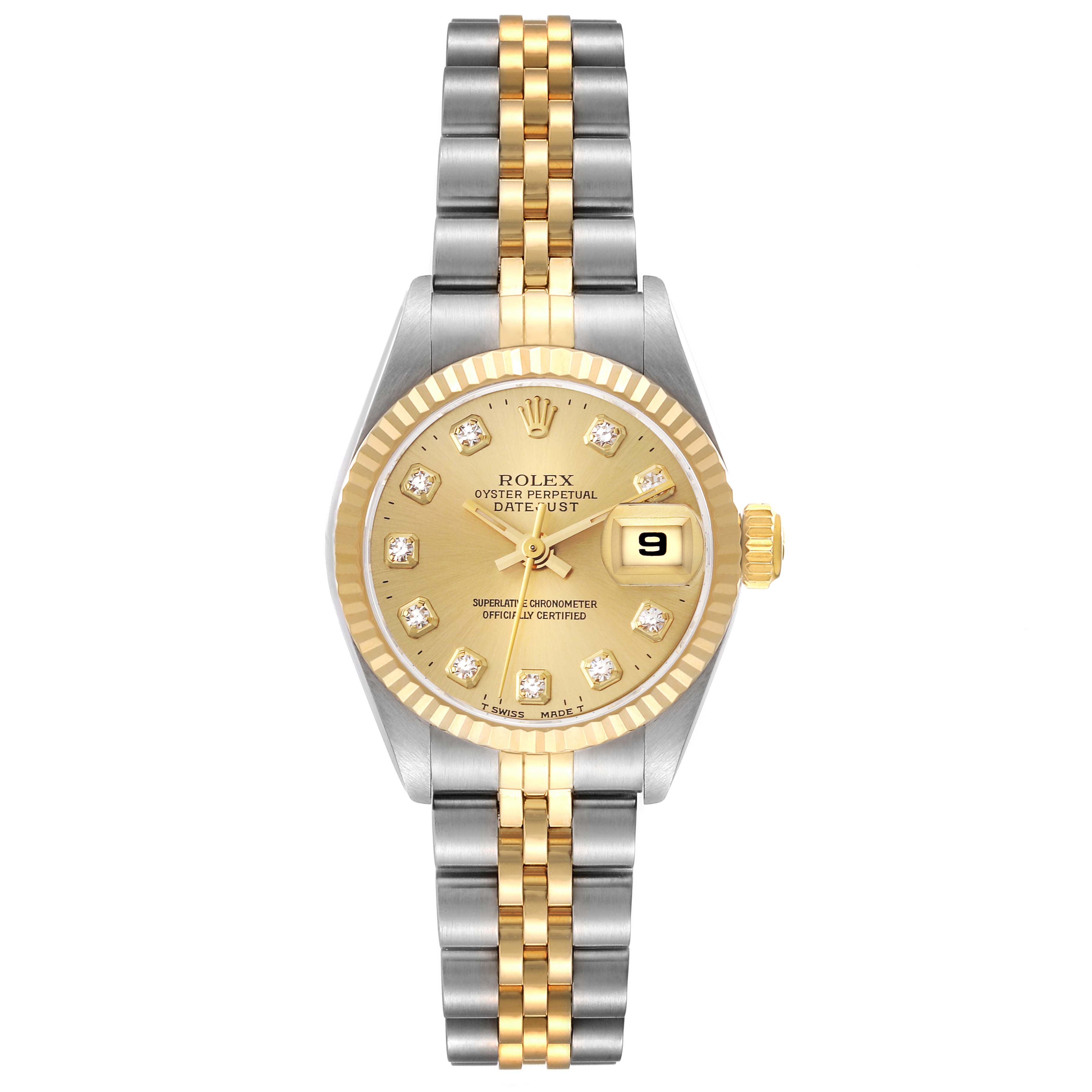 This image shows a front view of the Rolex Datejust 69173 Women's Steel and Gold (two tone) Champagne Dial 69173 Women's Steel and Gold (two tone) Champagne Dial watch, highlighting its gold dial, diamond hour markers, and two-tone bracelet.