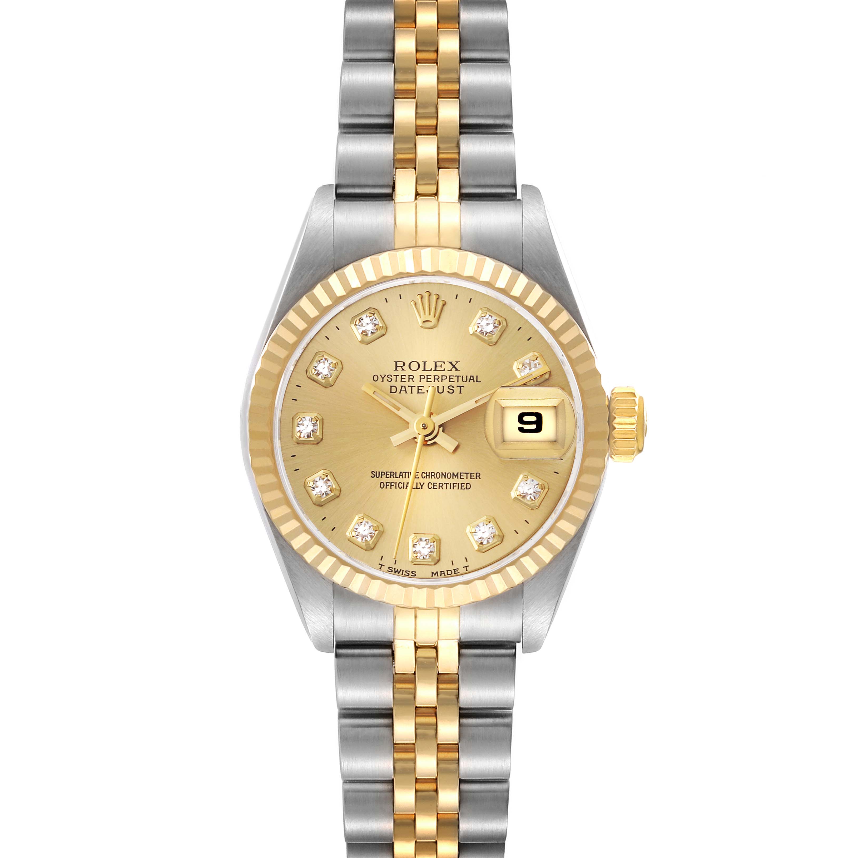 This Rolex Datejust 69173 Women's Steel and Gold (two tone) Champagne Dial 69173 Women's Steel and Gold (two tone) Champagne Dial model is shown from the front view, displaying its dial, hands, date window, and two-tone bracelet.